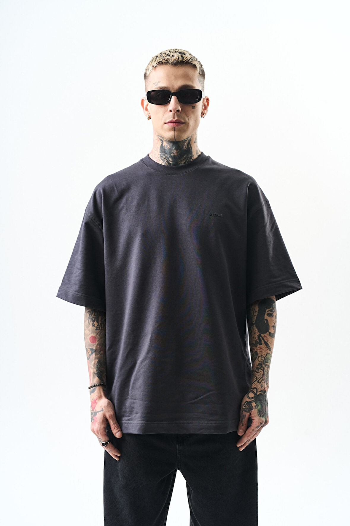 Erkek Respire Yazı Detaylı Oversize T-Shirt Füme