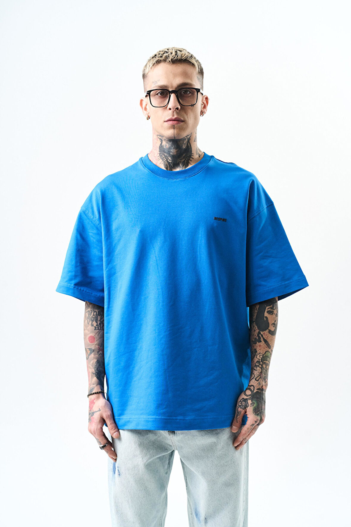 Erkek Respire Yazı Detaylı Oversize T-Shirt Mavi