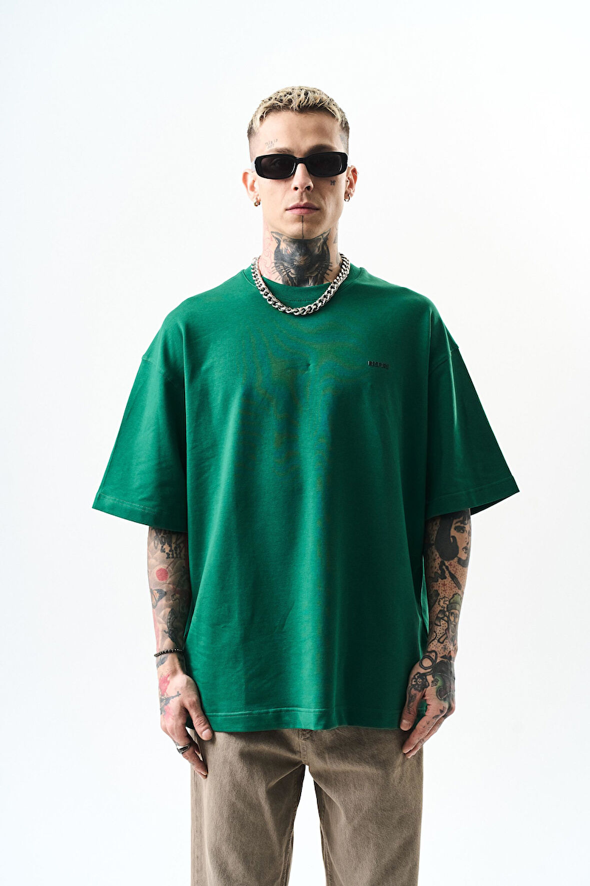 Erkek Respire Yazı Detaylı Oversize T-Shirt Nefti