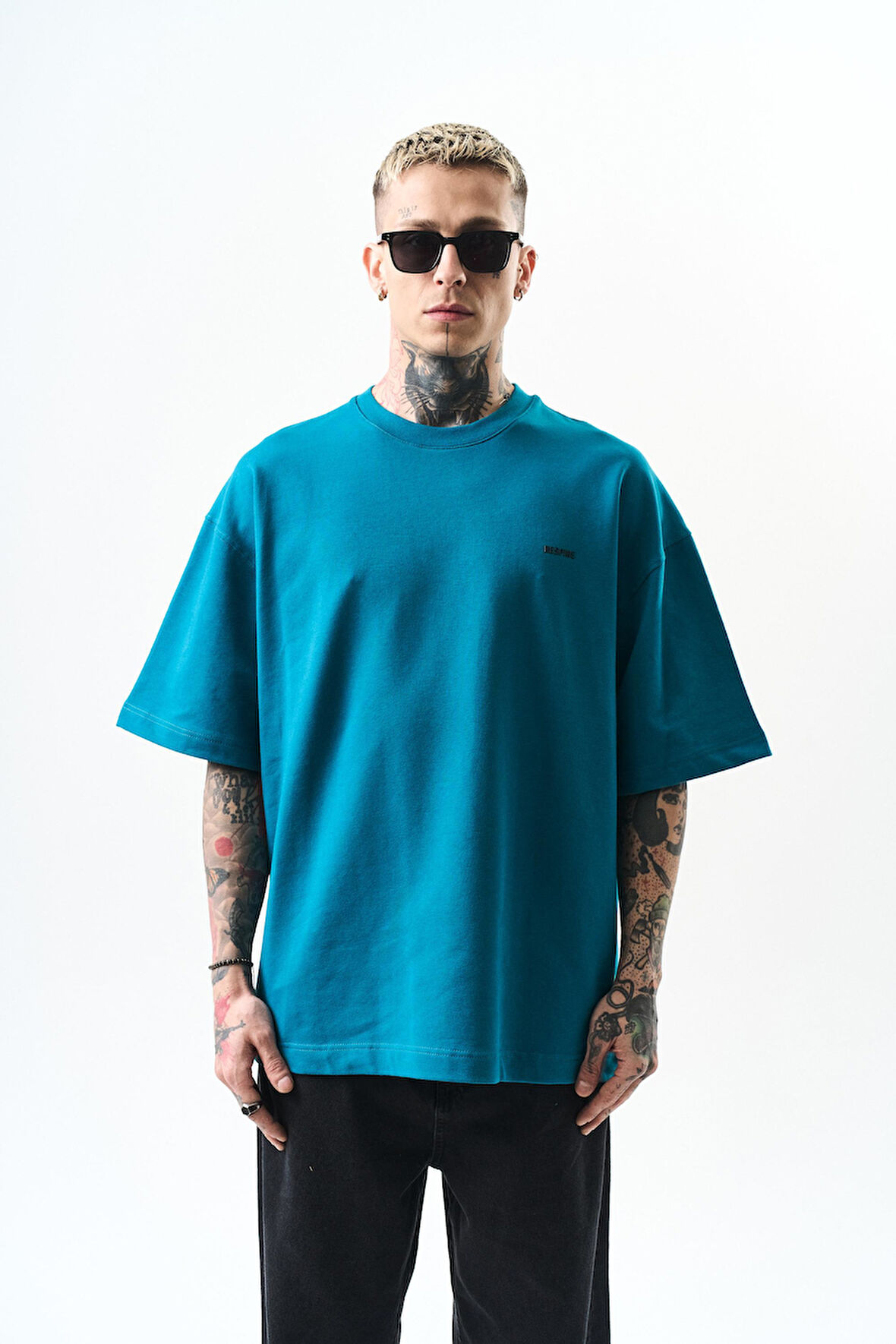 Erkek Respire Yazı Detaylı Oversize T-Shirt Petrol