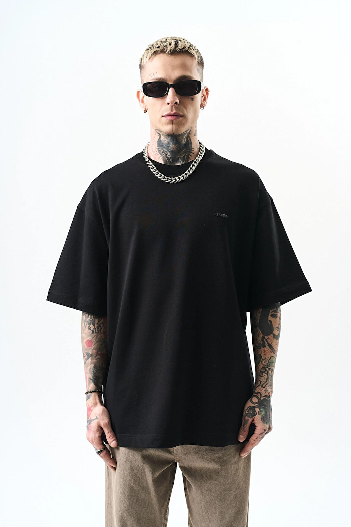 Erkek Respire Yazı Detaylı Oversize T-Shirt Siyah