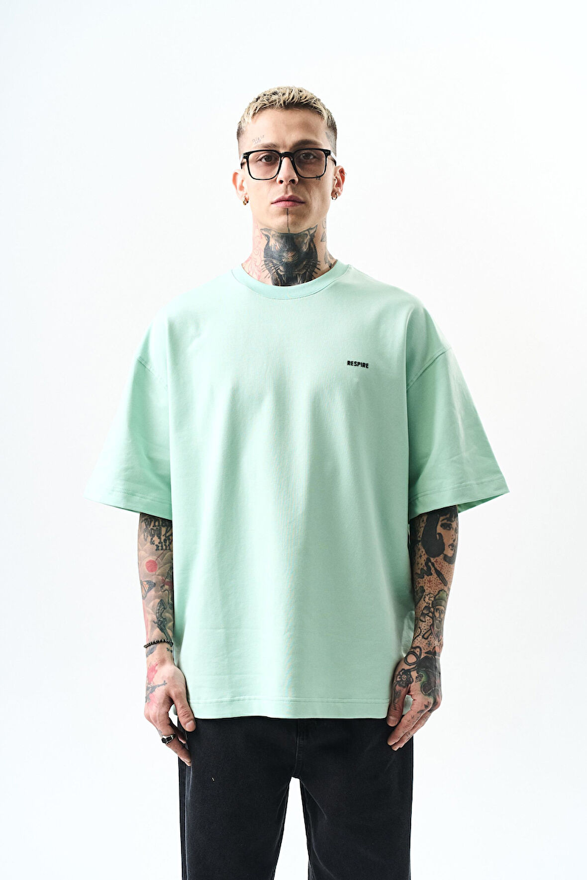 Erkek Respire Yazı Detaylı Oversize T-Shirt Su Yeşili