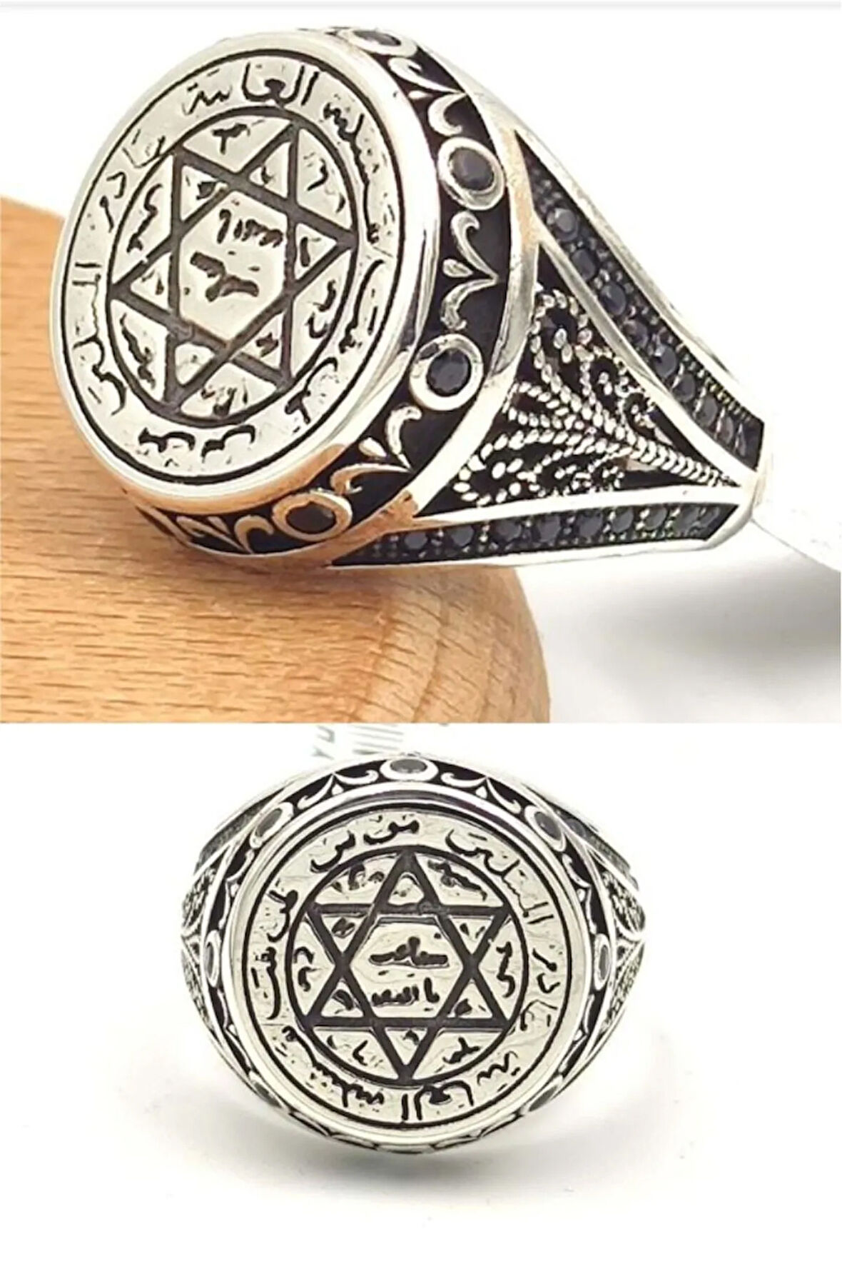 Erkek Gümüş Yüzük - Hz Süleyman Mührü İşlemeli 925 Ayar Gümüş Erkek Yüzük