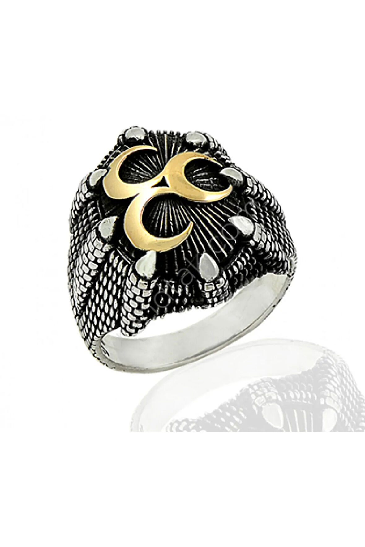 Erkek Gümüş Yüzük - Üç Hilal Motifli Kartal Pençeli 925 Ayar Gümüş Erkek Yüzük