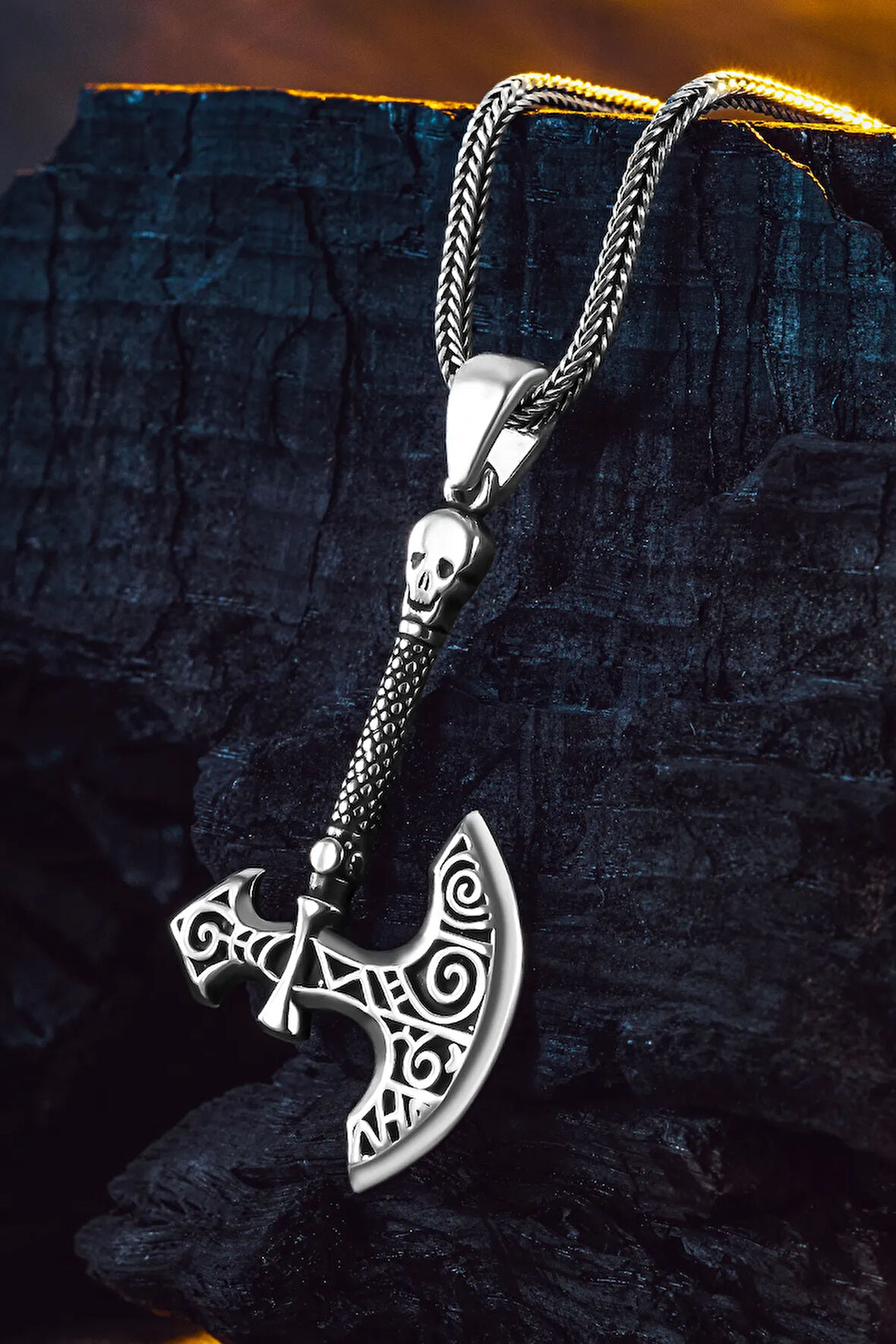 925 Ayar Gümüş Viking Savaşçı Baltası Erkek Kolye Tilki Kuyruğu Zincir Parlak Model