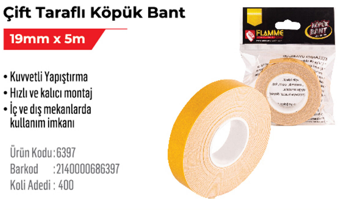 Çift Taraflı Köpük Bant 19mm x 5m 5 adet