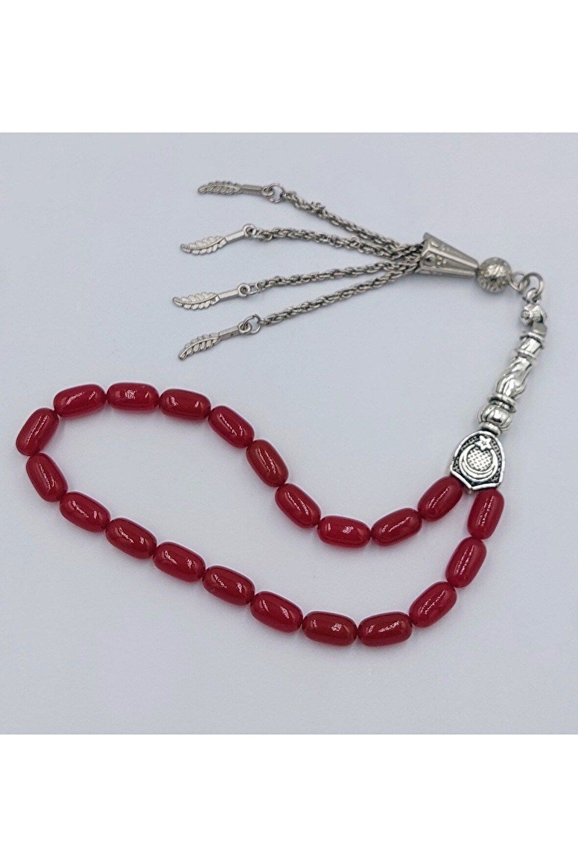 KIRMIZI BİLEK BOY ALPAKA PÜSKÜLLÜ ATEŞ KEHRİBAR TESPİH (AHŞAP KUTULU)