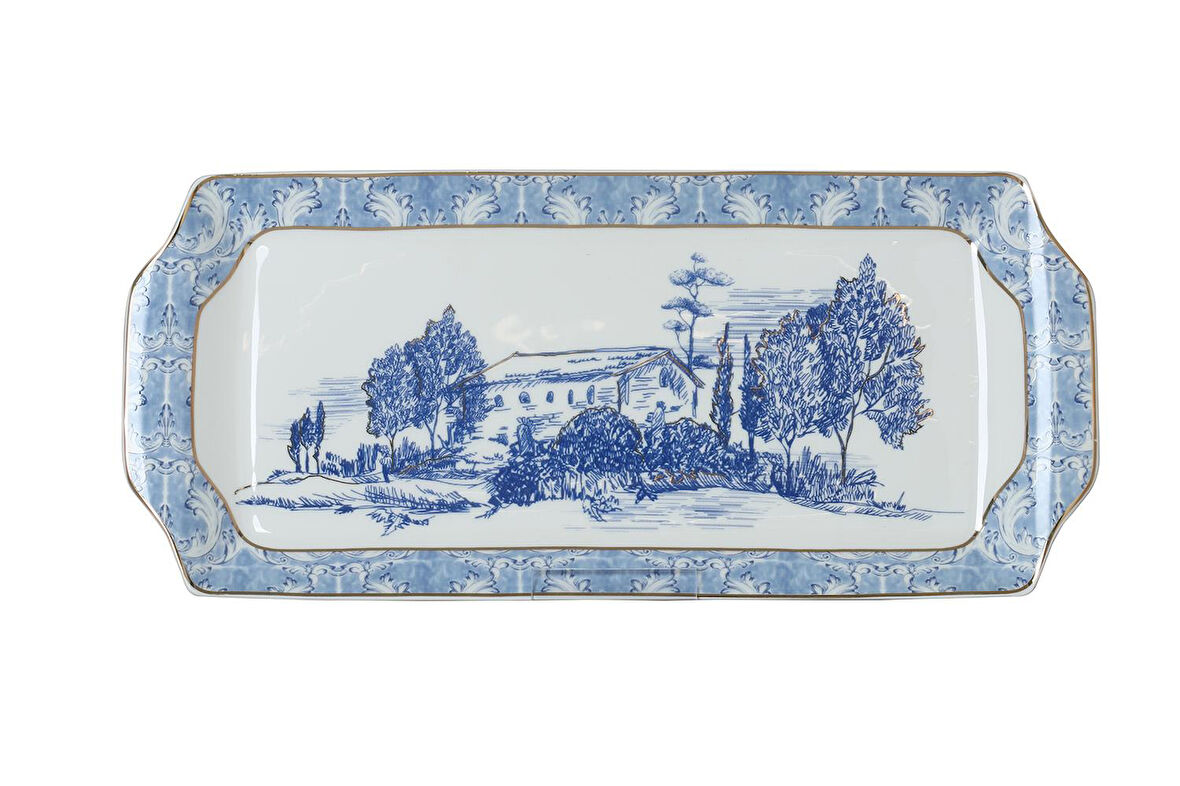 Lucky Art Florance Bone China Porselen Mavi Beyaz Barok Desenli Baton Servis Tabağı 36 cm LYHD 612
