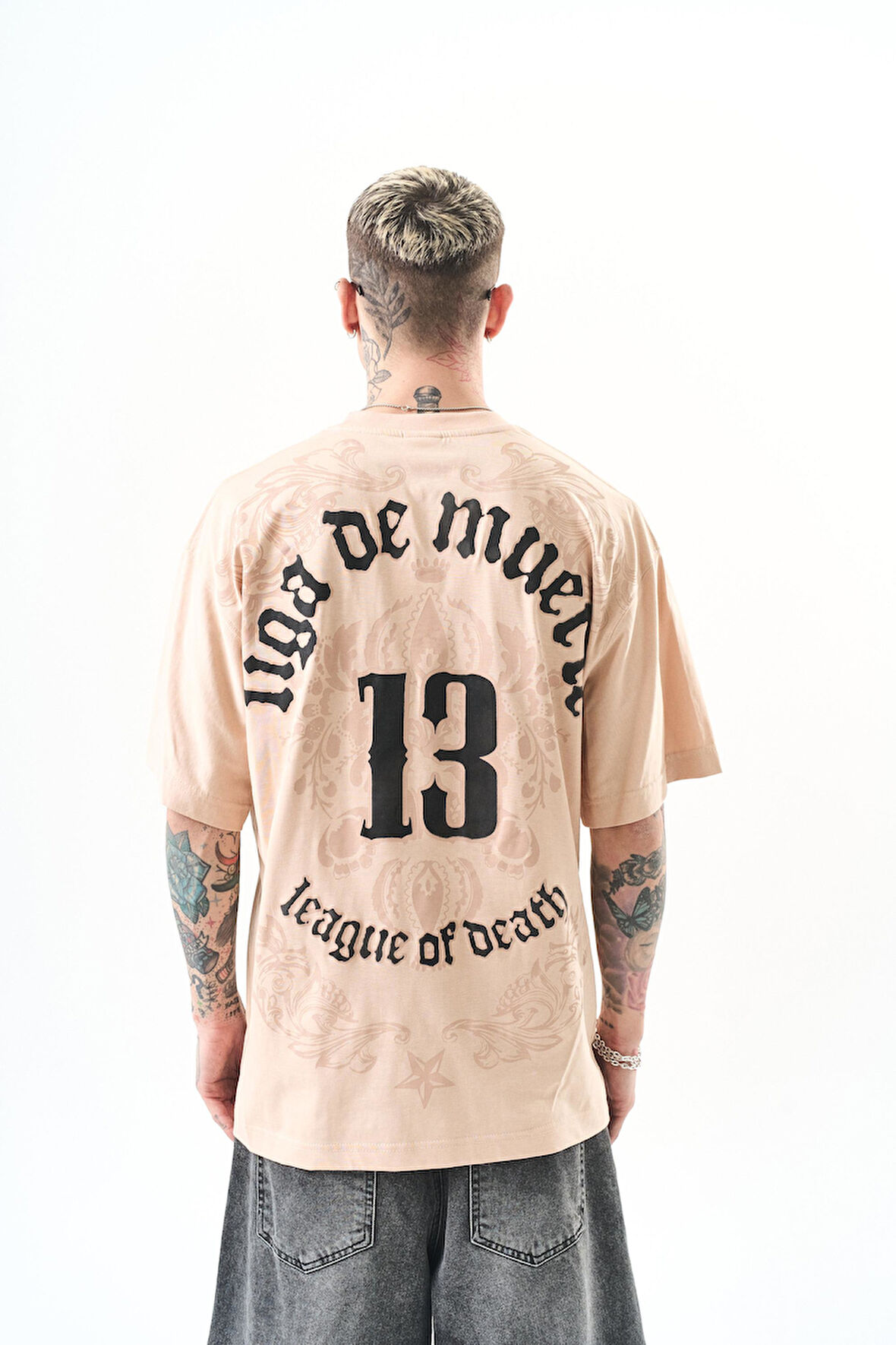 Erkek 13 Baskılı Oversize T-Shirt Bej