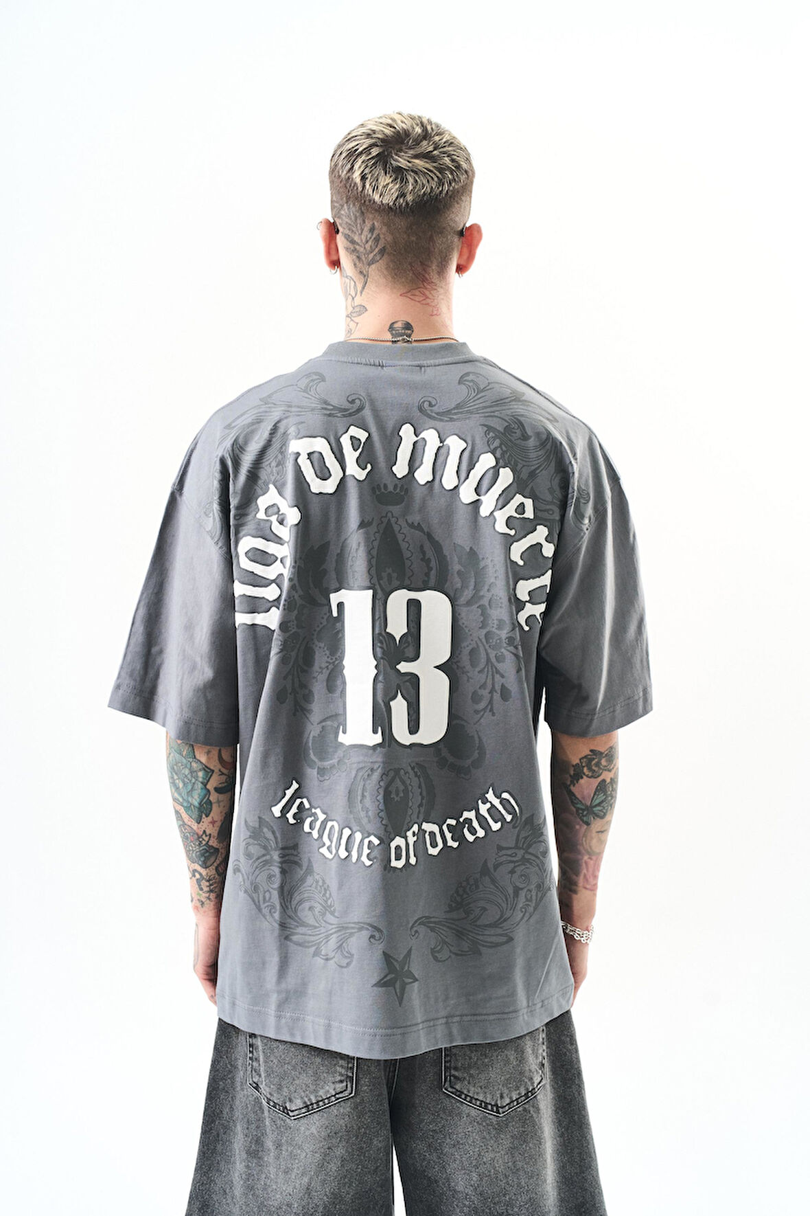 Erkek 13 Baskılı Oversize T-Shirt Füme