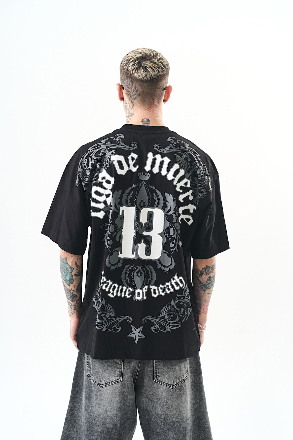 Erkek 13 Baskılı Oversize T-Shirt Siyah