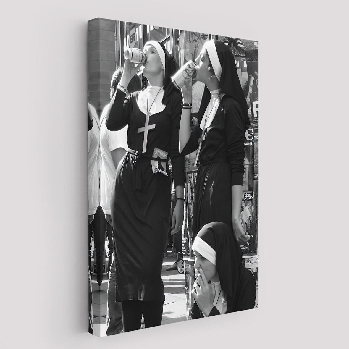 Asi Rahibeler Kanvas Tablo, İçme ve Sigara Parodisi, Siyah Beyaz Sokak Sanatı-5215