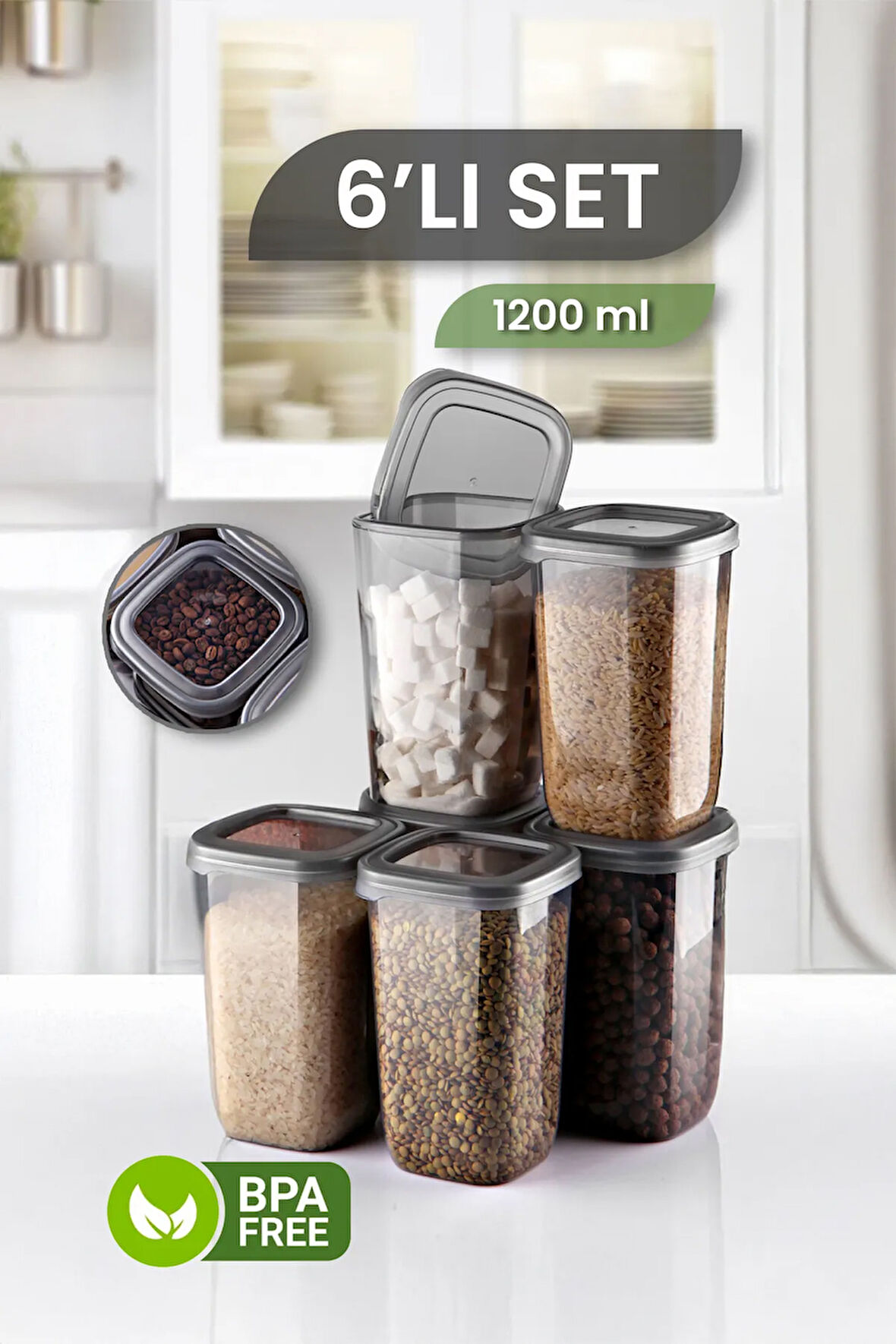 6'lı Kare Erzak Saklama Kabı Seti - Sızdırmaz Kapaklı Çok Amaçlı Bakliyat Saklama Kutusu - 1200 ml