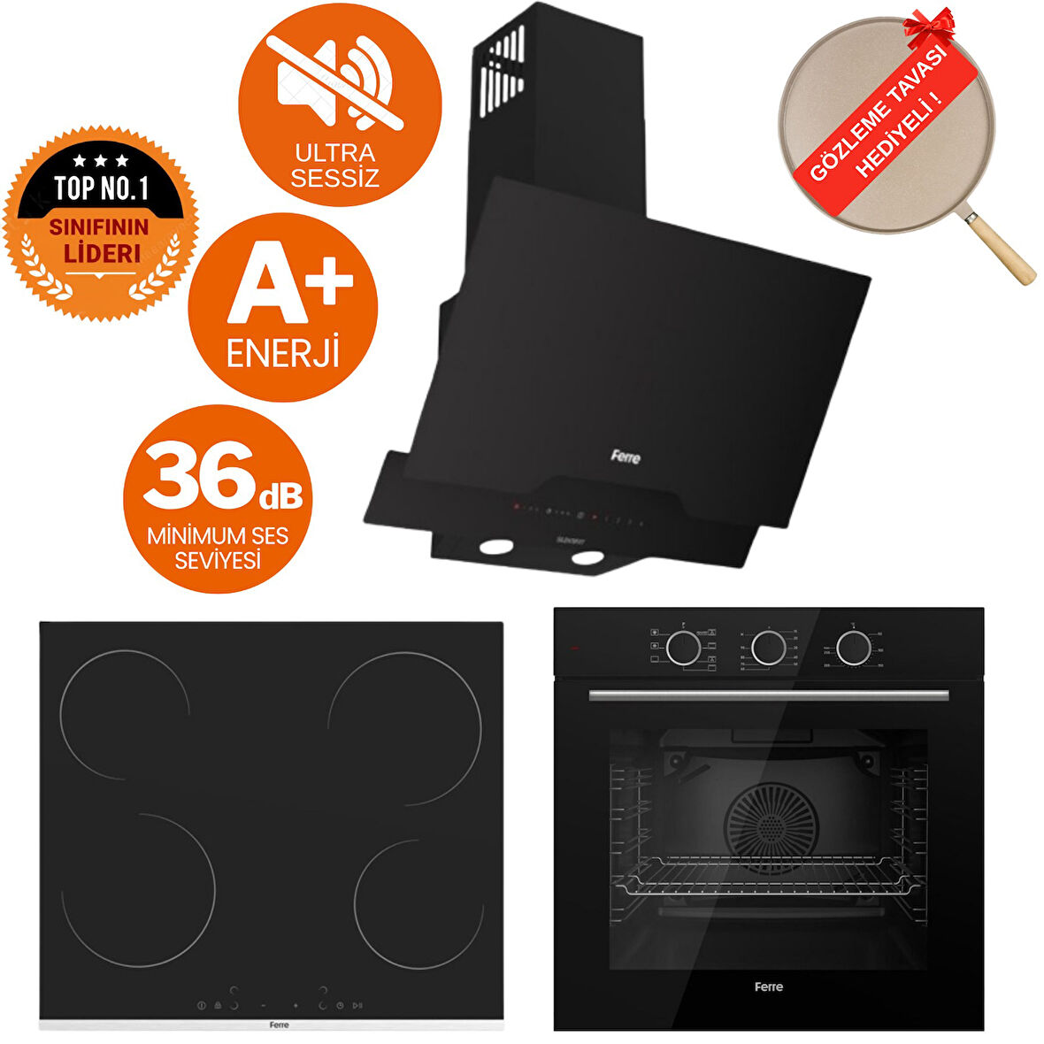 Ferre FryArt&FlowArt Quantum Sessiz Davlumbaz Elektrikli Siyah Ank. Set (D063-SA + MS261 + QXE62CS)