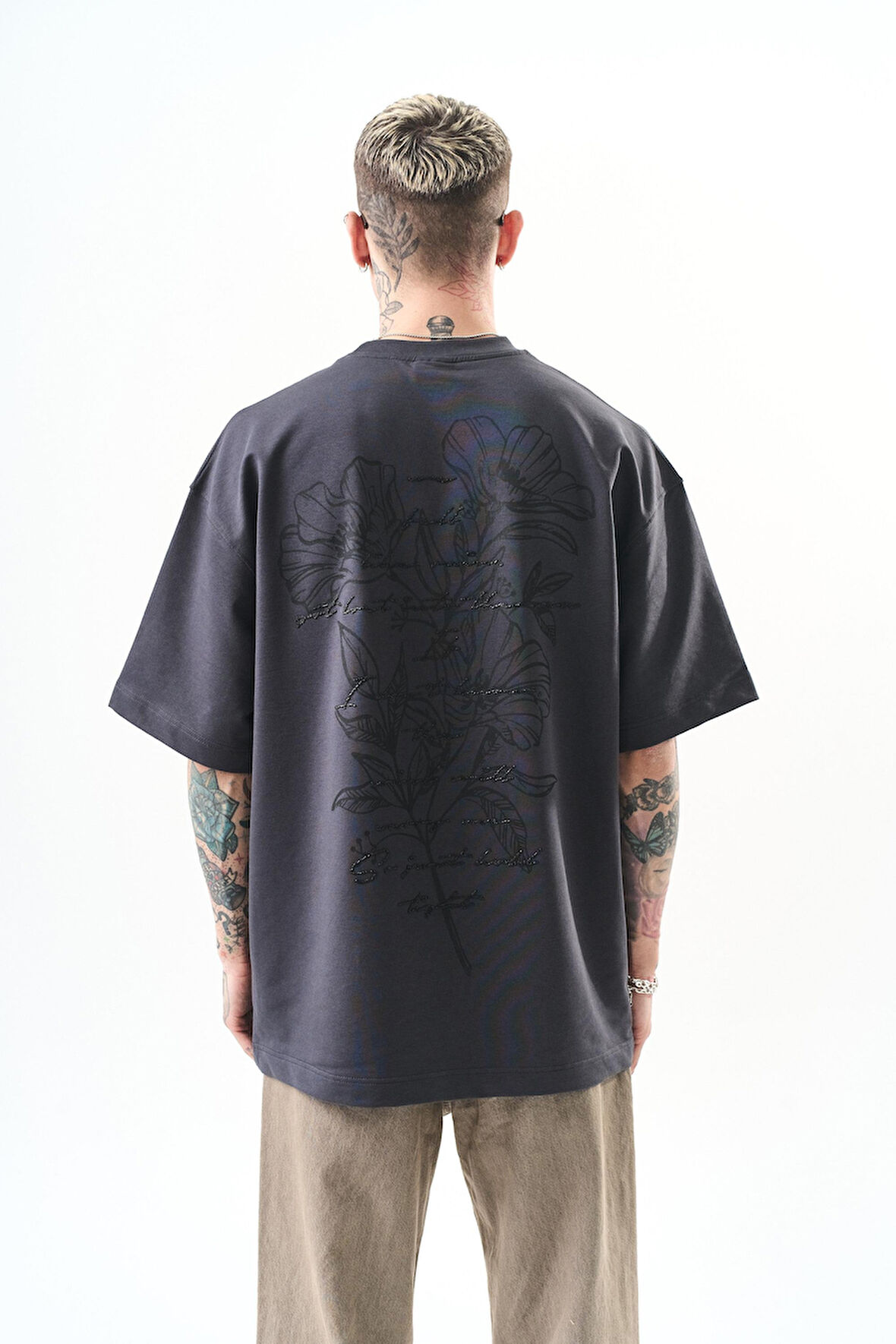 Erkek Just Hold Nakışlı Oversize T-Shirt Füme