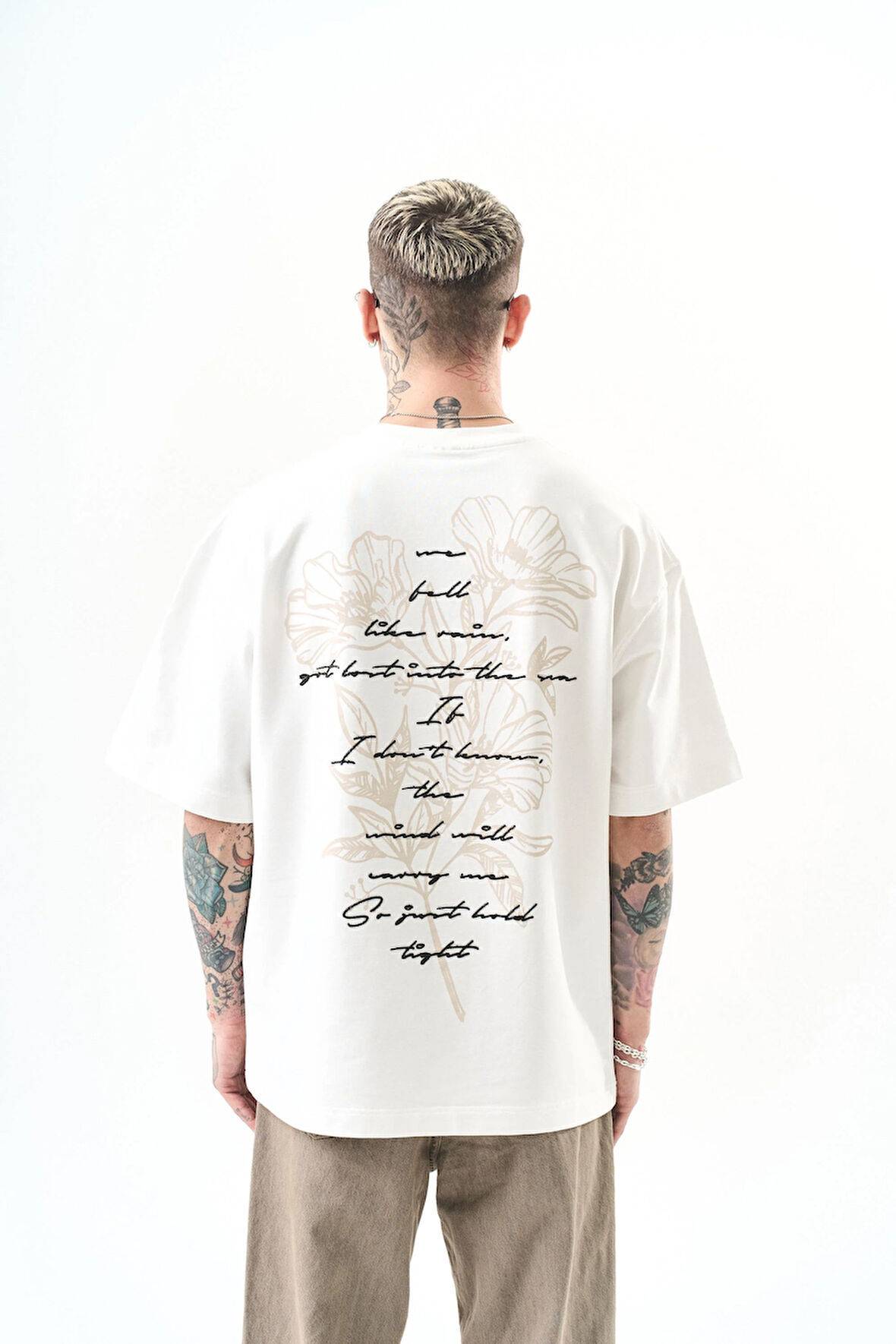 Erkek Just Hold Nakışlı Oversize T-Shirt Ekru