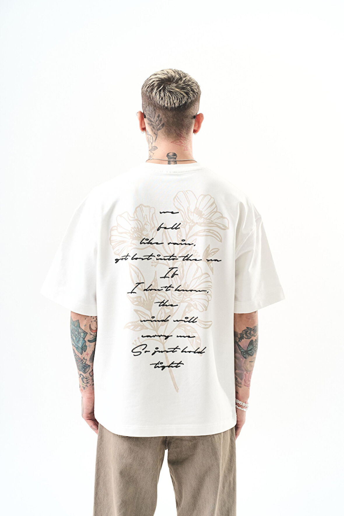 Erkek Just Hold Nakışlı Oversize T-Shirt Ekru