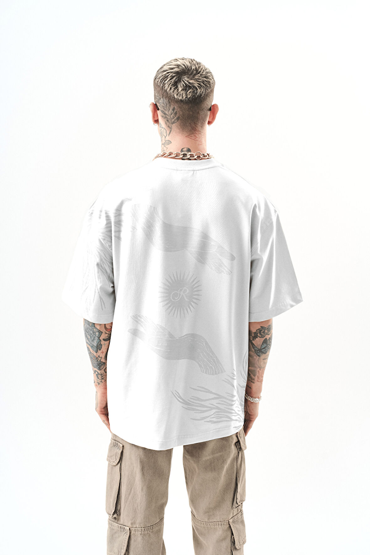Erkek Hand Baskılı Oversize T-Shirt Ekru