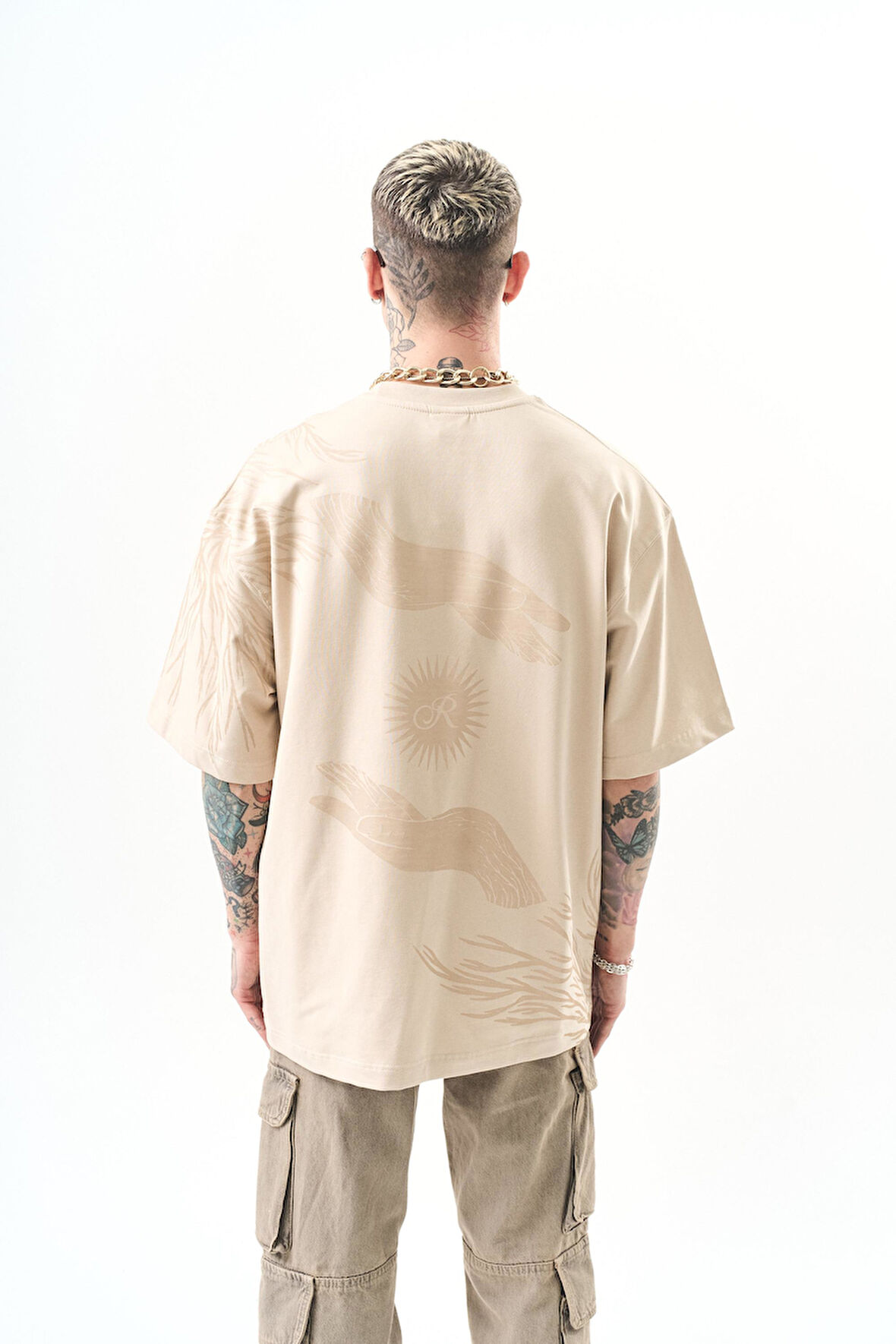 Erkek Hand Baskılı Oversize T-Shirt Bej