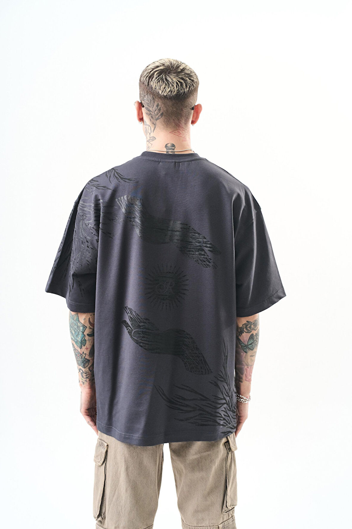Erkek Hand Baskılı Oversize T-Shirt Füme