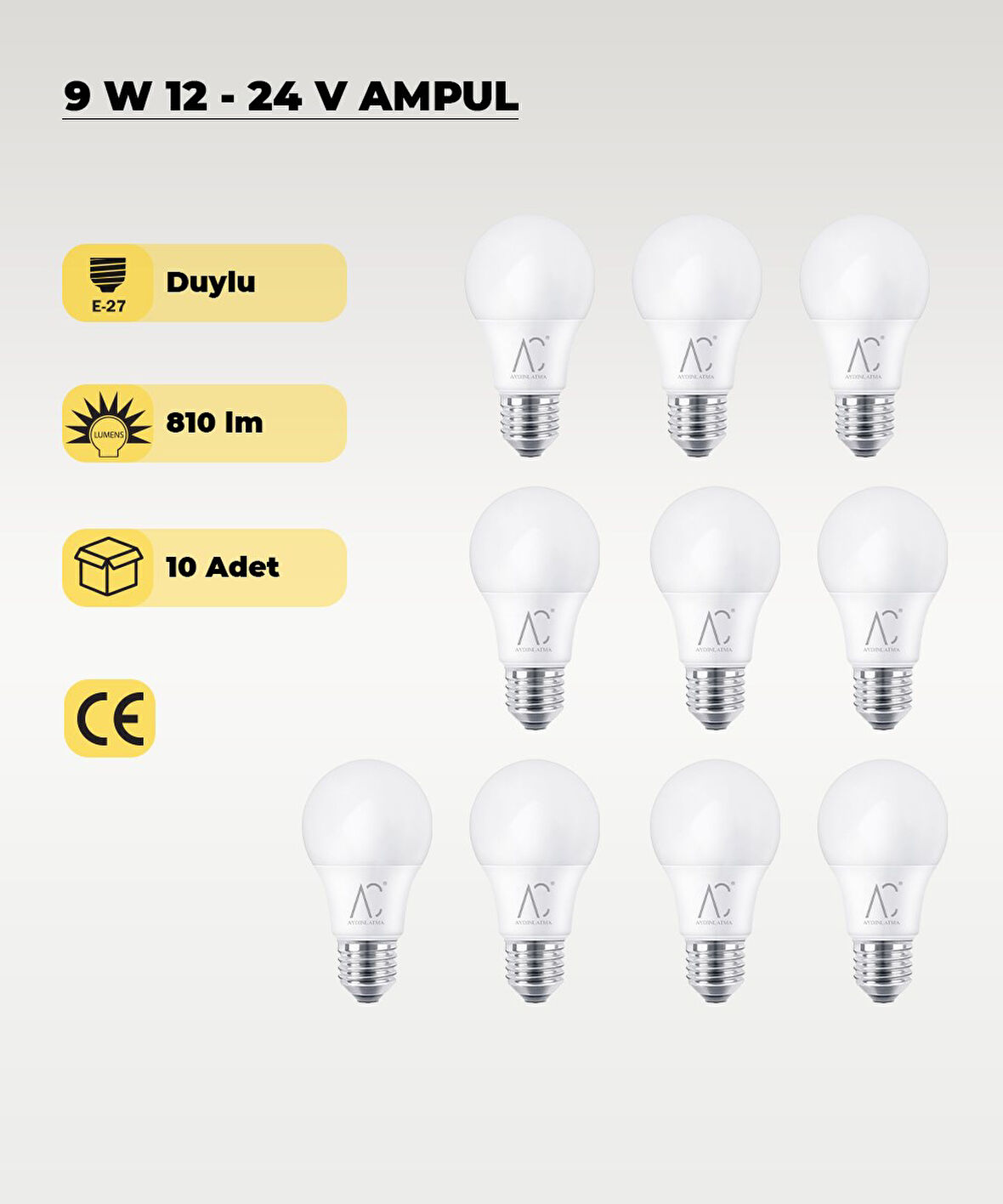 9W 12-24V  Ampul 6500K - Beyaz Işık - E-27 Duy - 10 ADET