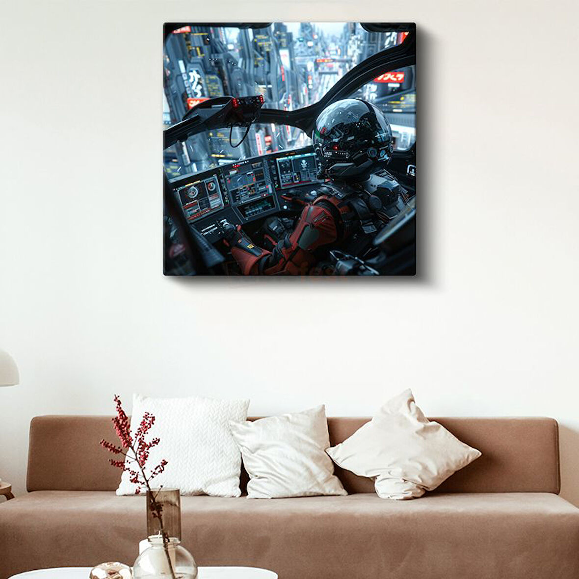 Sci-Fi Pilot - Gökdelen Manzarası Anime Kanvas Tablo