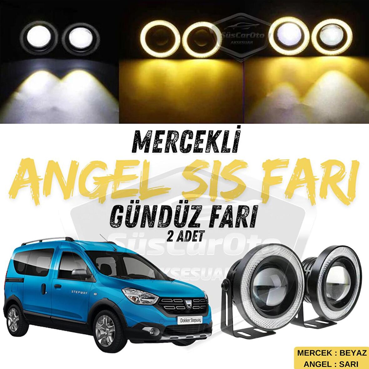 Dacia Dokker 2012-2022 Uyumlu Üniversal Mercekli Angel Sis Farı Metal Su Geçirmez 76 mm Sarı Halkalı Gündüz Farı Angel Eyes 2 Adet