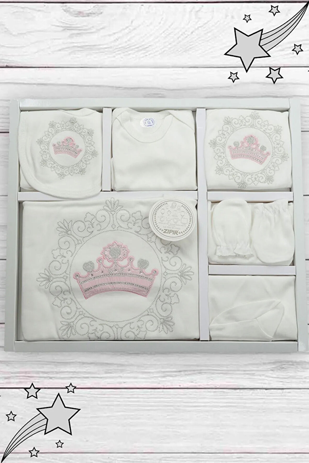 Kraliçe Taçlı 10'lu Pembe Kız Bebek Zıbın Seti