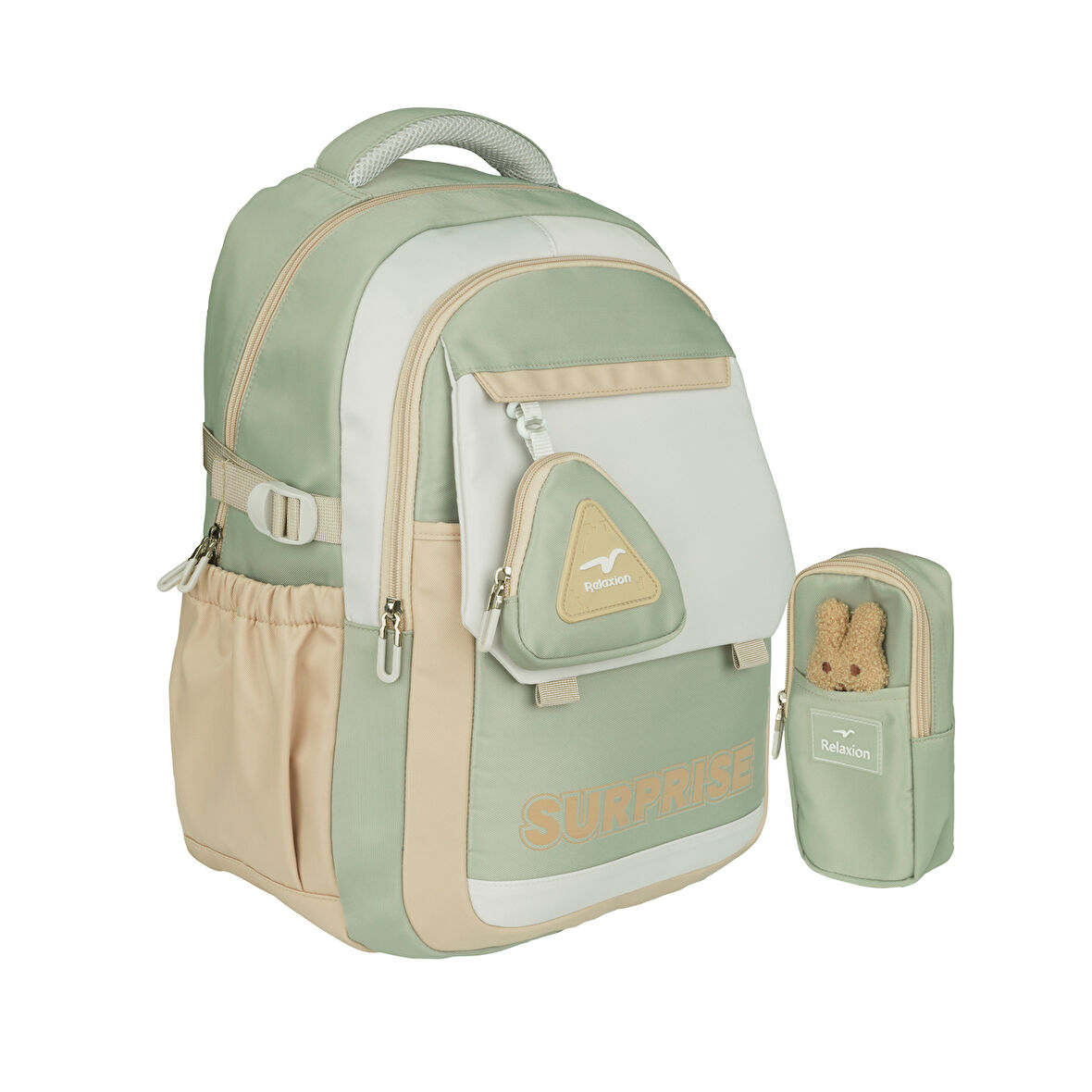 Relaxion Yeni Sezon Kalemlikli Yeşil Krem Premium Okul Sırt Çanta 1514