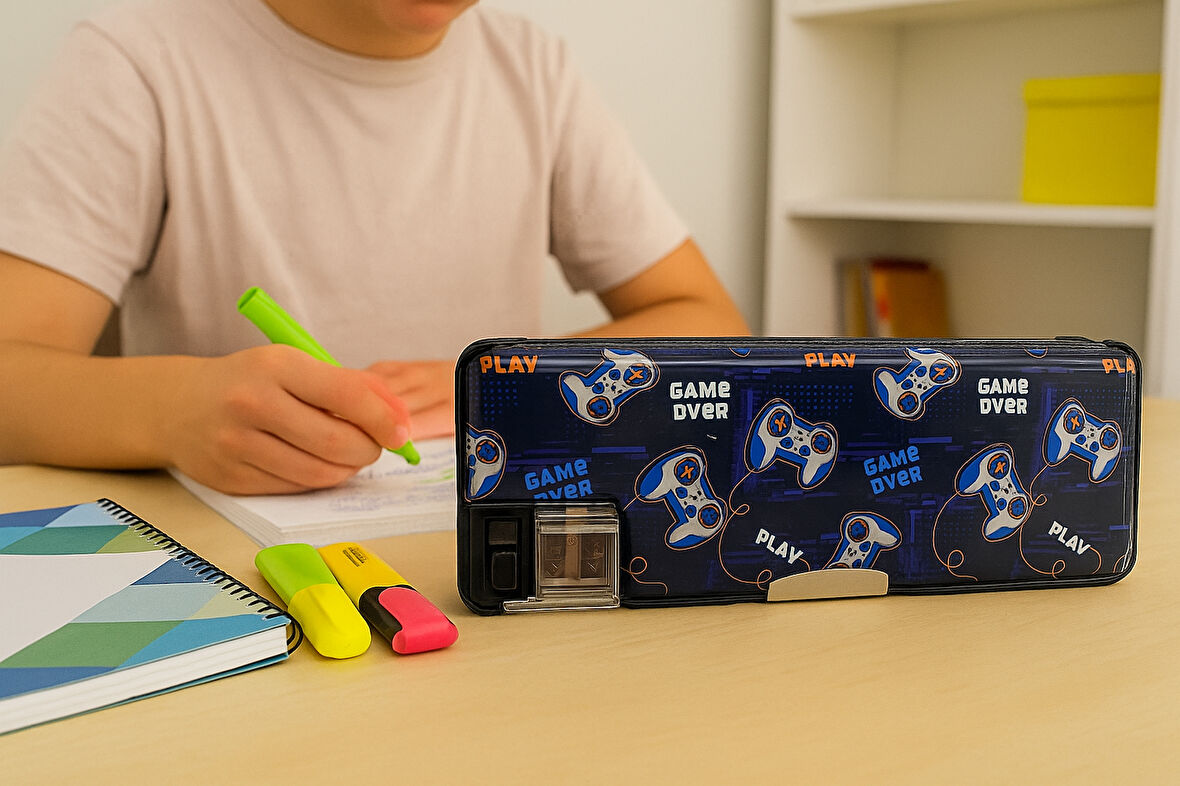 Fixpoint Çift Taraflı, Çift Kalemtıraşlı, Cüzdan Tipi Mavi Kalem Çantası/Kalemlik