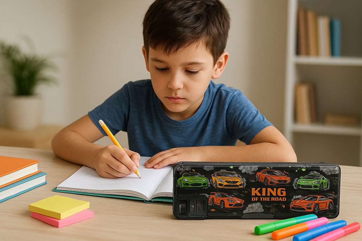 Fixpoint Çift Taraflı, Çift Kalemtıraşlı, Cüzdan Tipi Araba Figürlü Kalem Çantası/Kalemlik