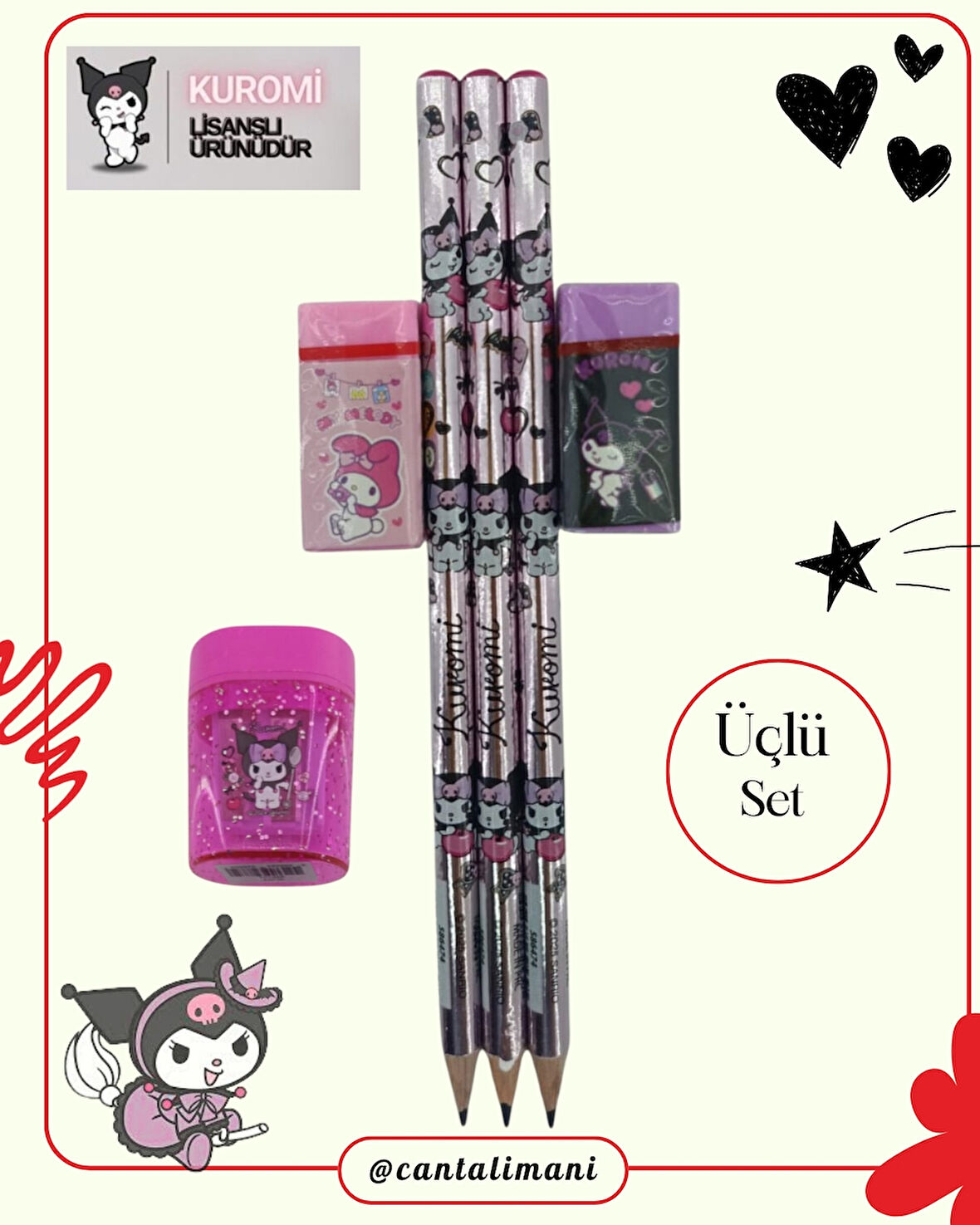 Kuromi Lisanslı Pembe Kurşun Kalem Seti (3 Adet Kurşun Kalem, 2 Adet Silgi, Kalemtraş)