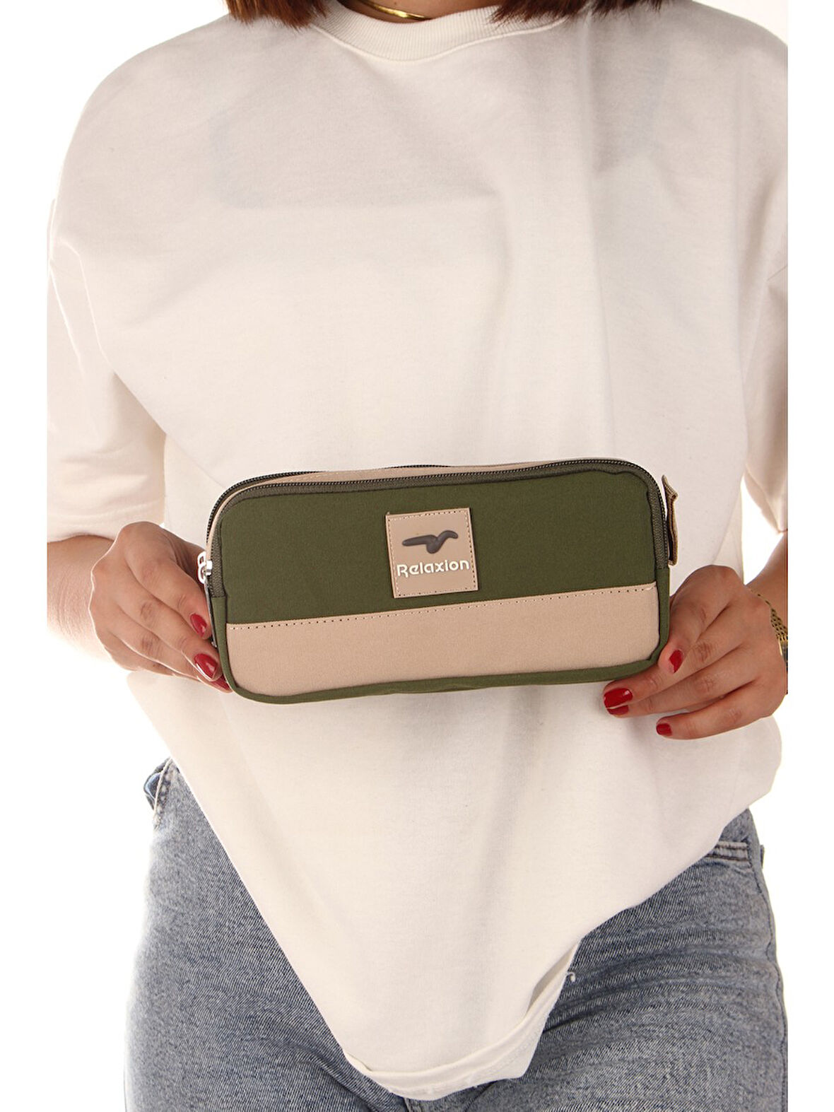 Relaxion Yeşil İki Gözlü Krinkıl Kumaş Kalem Çantası Kalemlik (173)