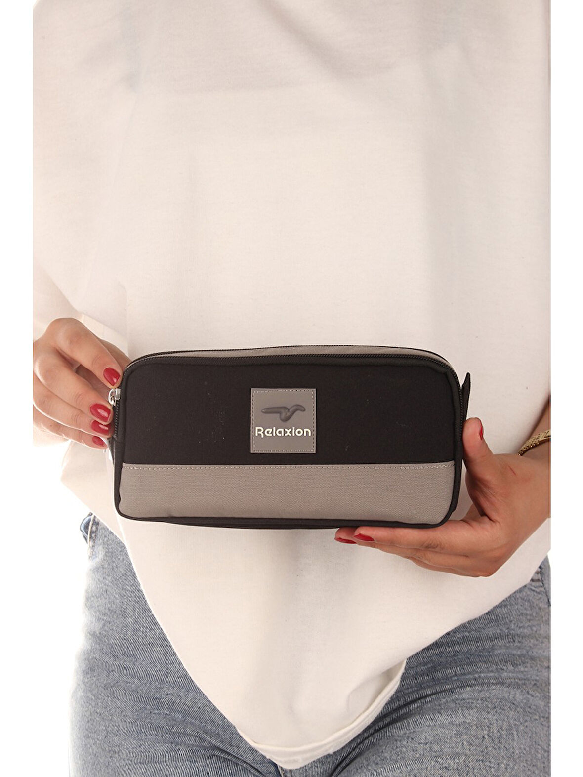 Relaxion Siyah İki Gözlü Krinkıl Kumaş Kalem Çantası Kalemlik (173)