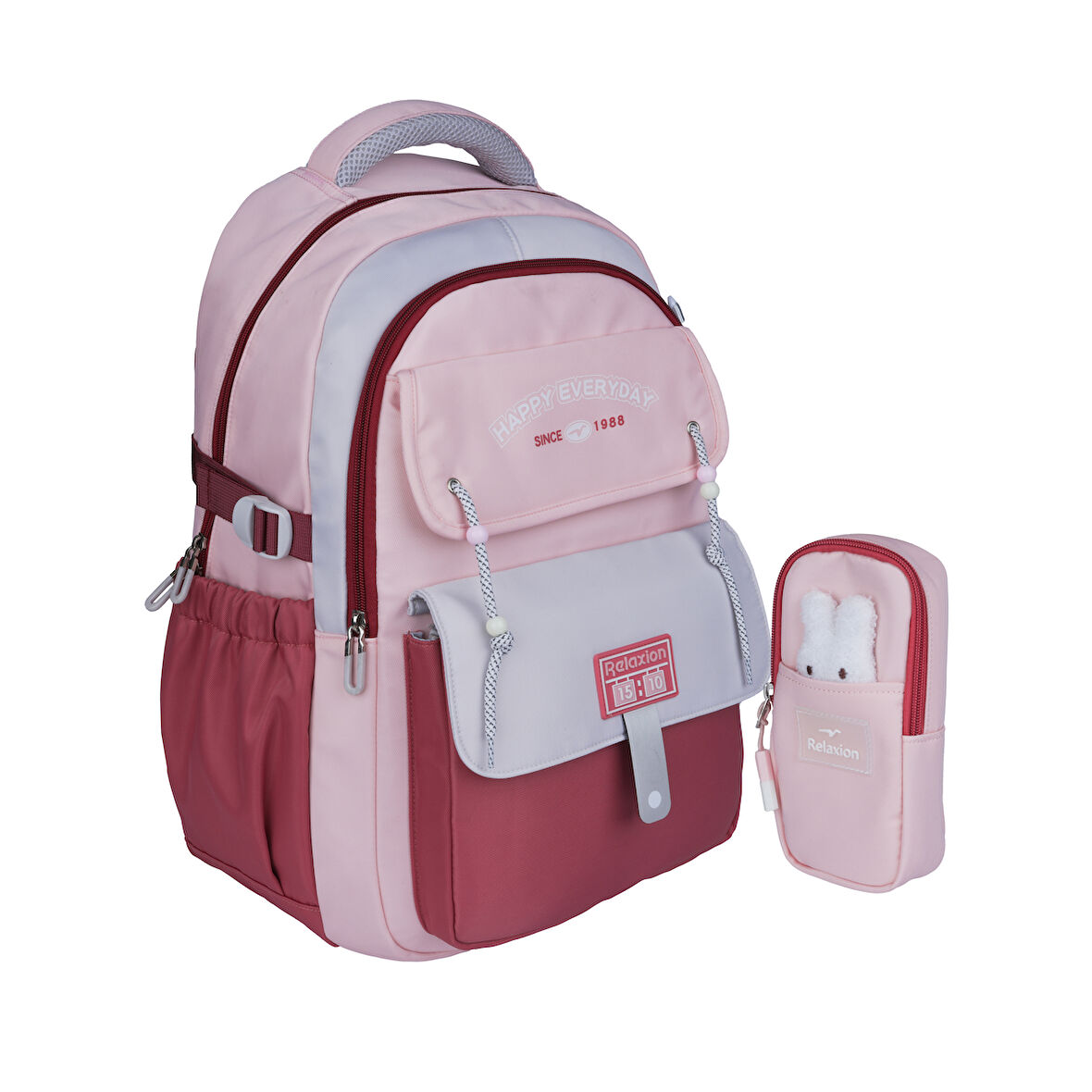 Relaxion Yeni Sezon, Kalemlikli, Pembe-Kırmızı İthal Premium Okul Sırt Çantası (1515)