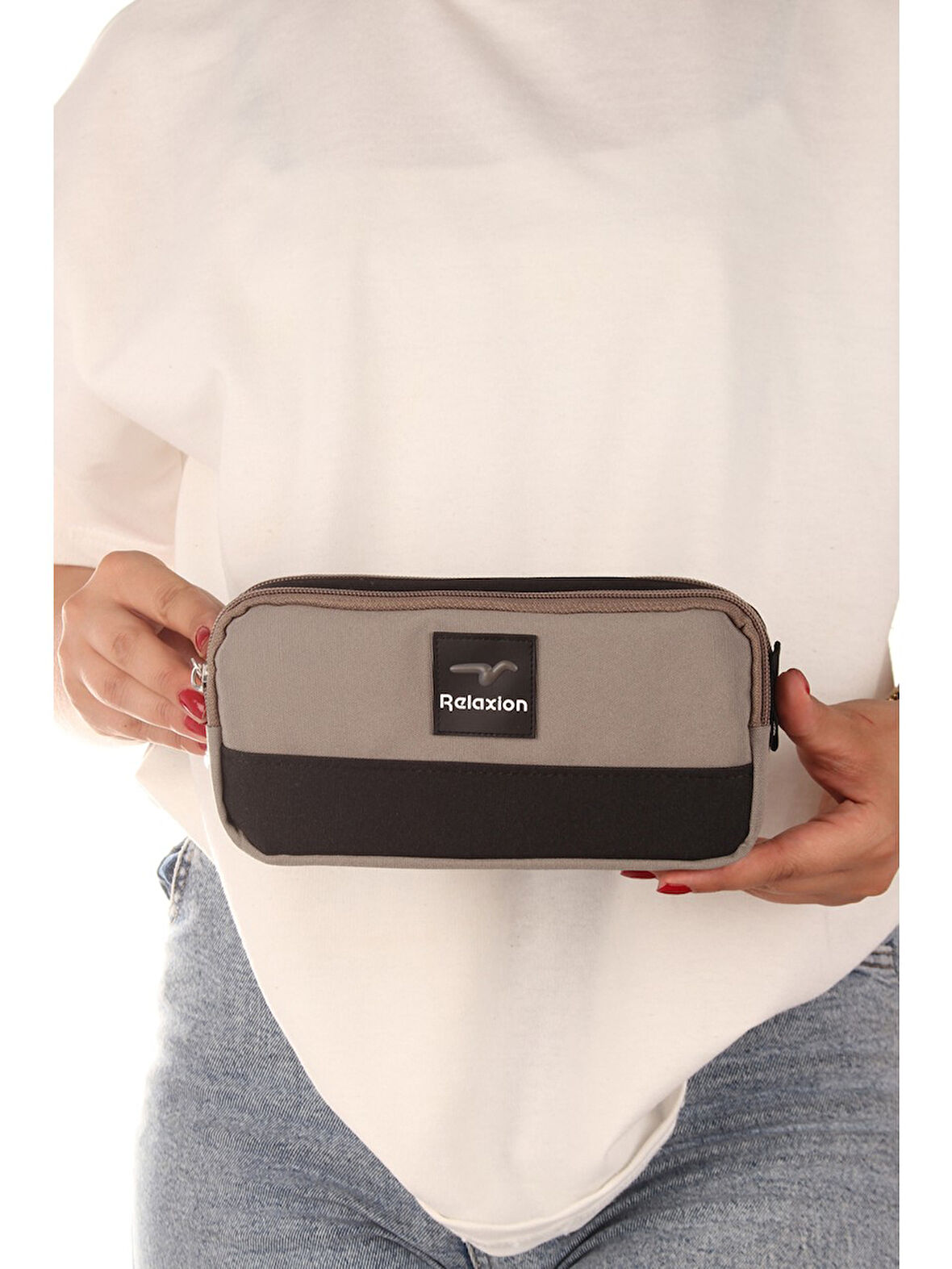 Relaxion Gri İki Gözlü Krinkıl Kumaş Kalem Çantası Kalemlik (173)