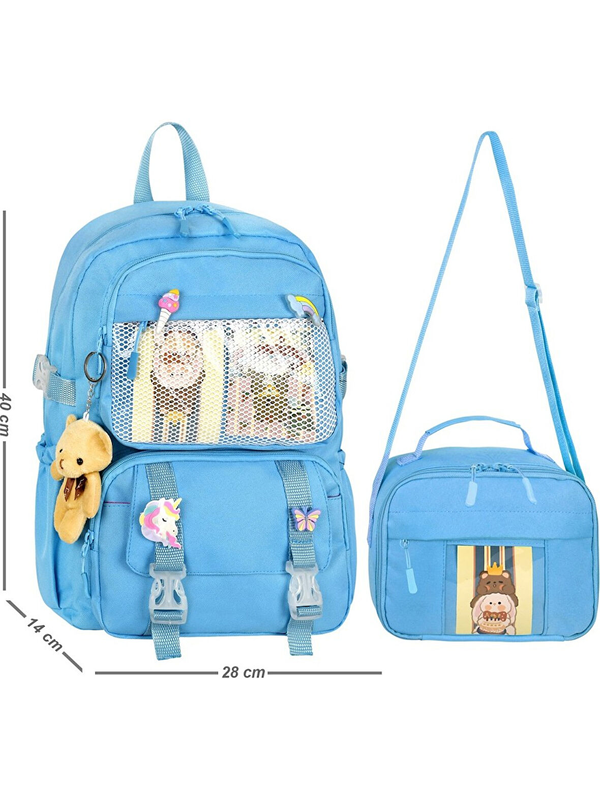Waddell Kawaii Kore Tarzı Aksesuarlı İlkokul Sırt ve Beslenme Çantası Mavi 25001