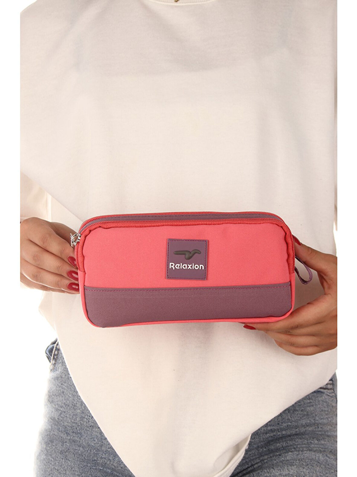 Relaxion Pembe İki Gözlü Krinkıl Kumaş Kalem Çantası Kalemlik (173)