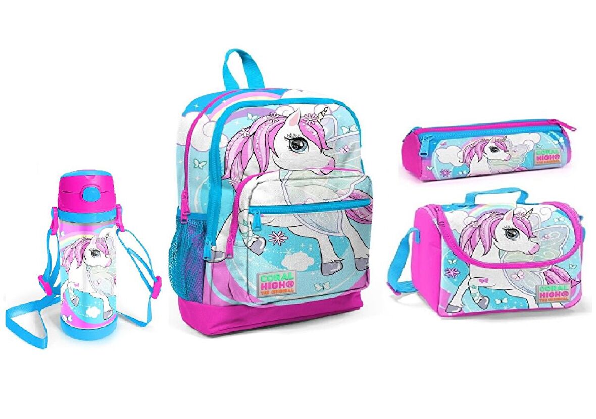 Coral High Unicorn Desenli Beslenme Okul Çantası Kalemlik + Çelik Termos