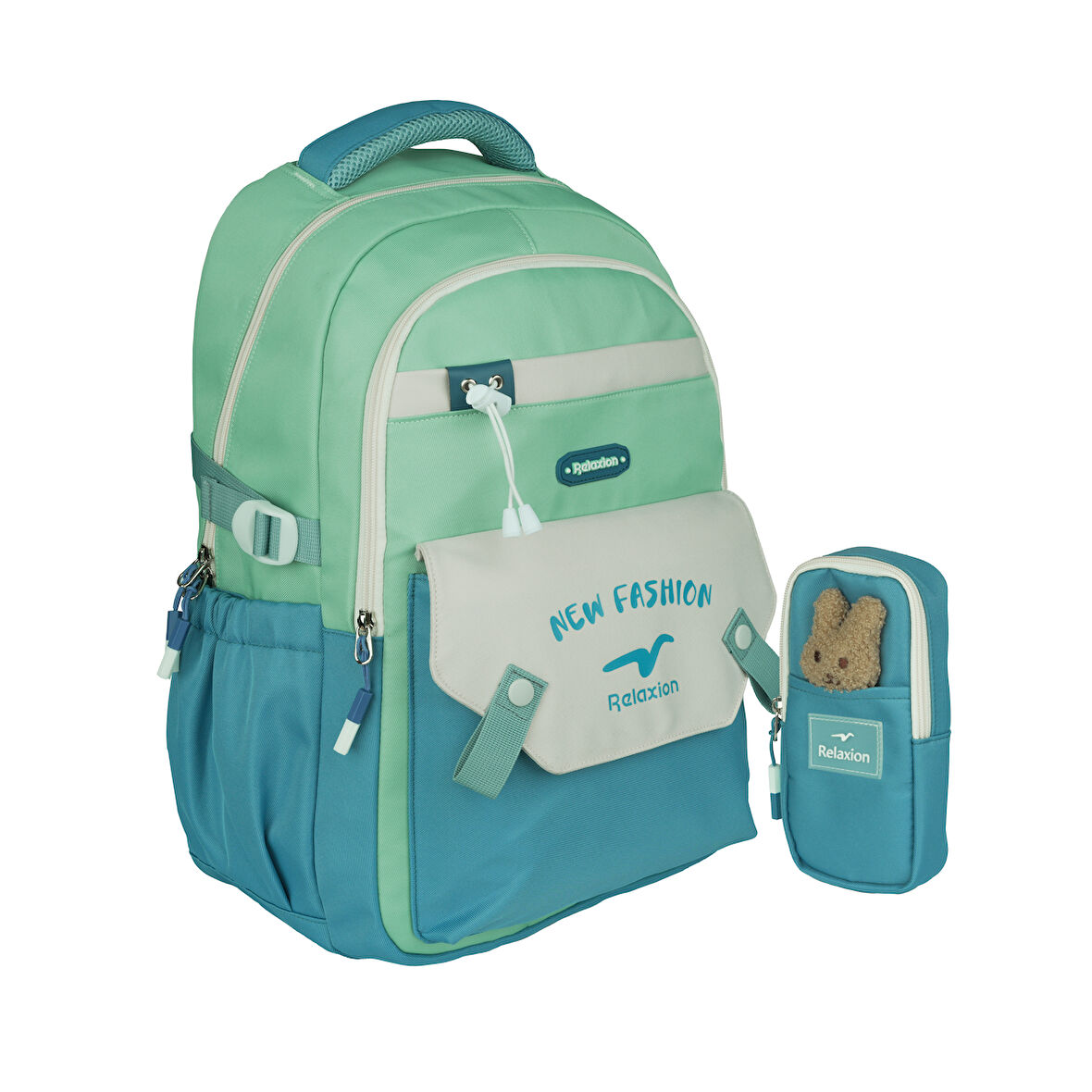 Relaxion Yeni Sezon Kalemlikli Yeşil-Mavi Premium Klinkır Okul Sırt Çantası (1513)