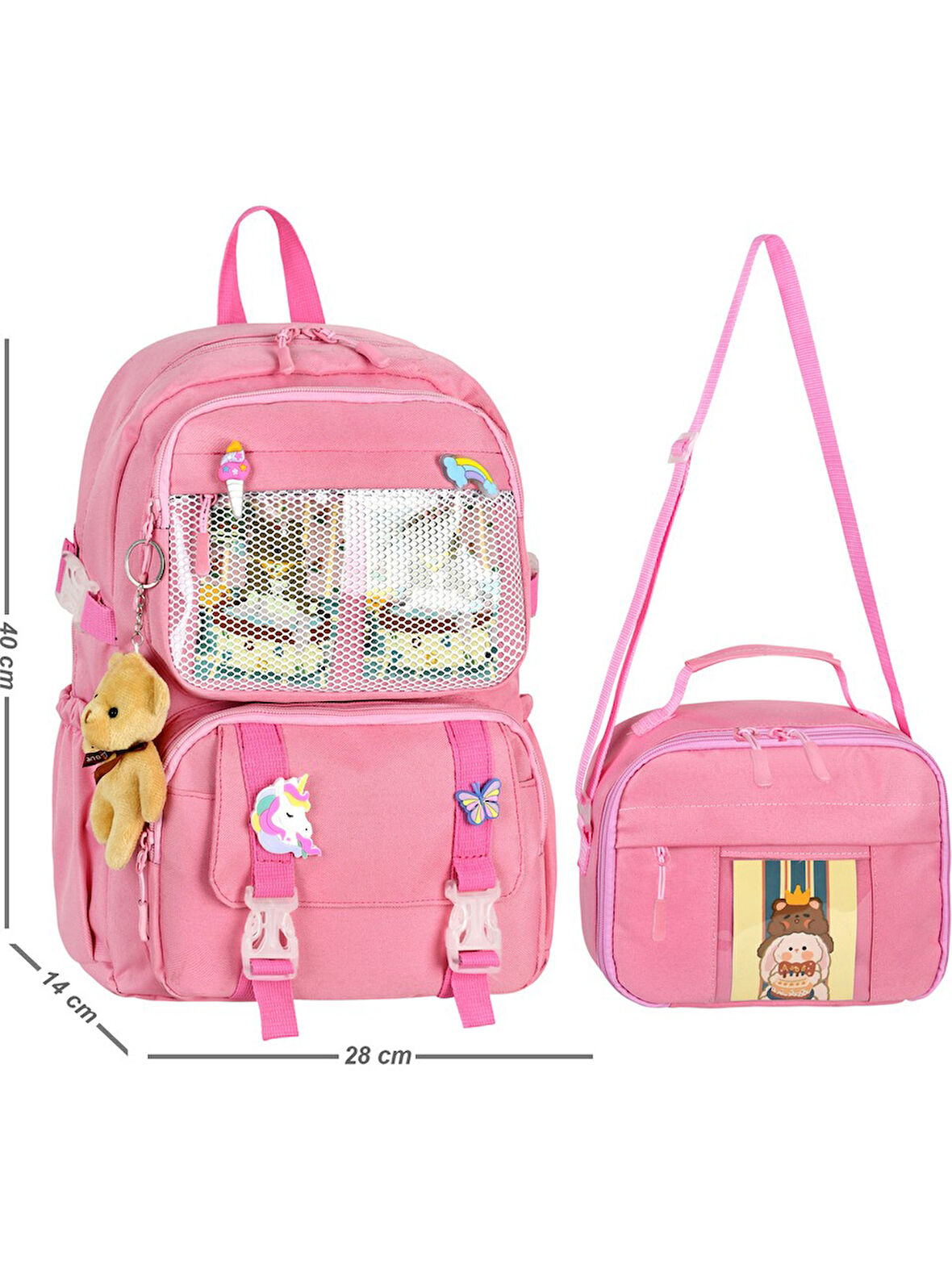 Waddell Kawaii Kore Tarzı Aksesuarlı İlkokul Sırt ve Beslenme Çantası Pembe 25001