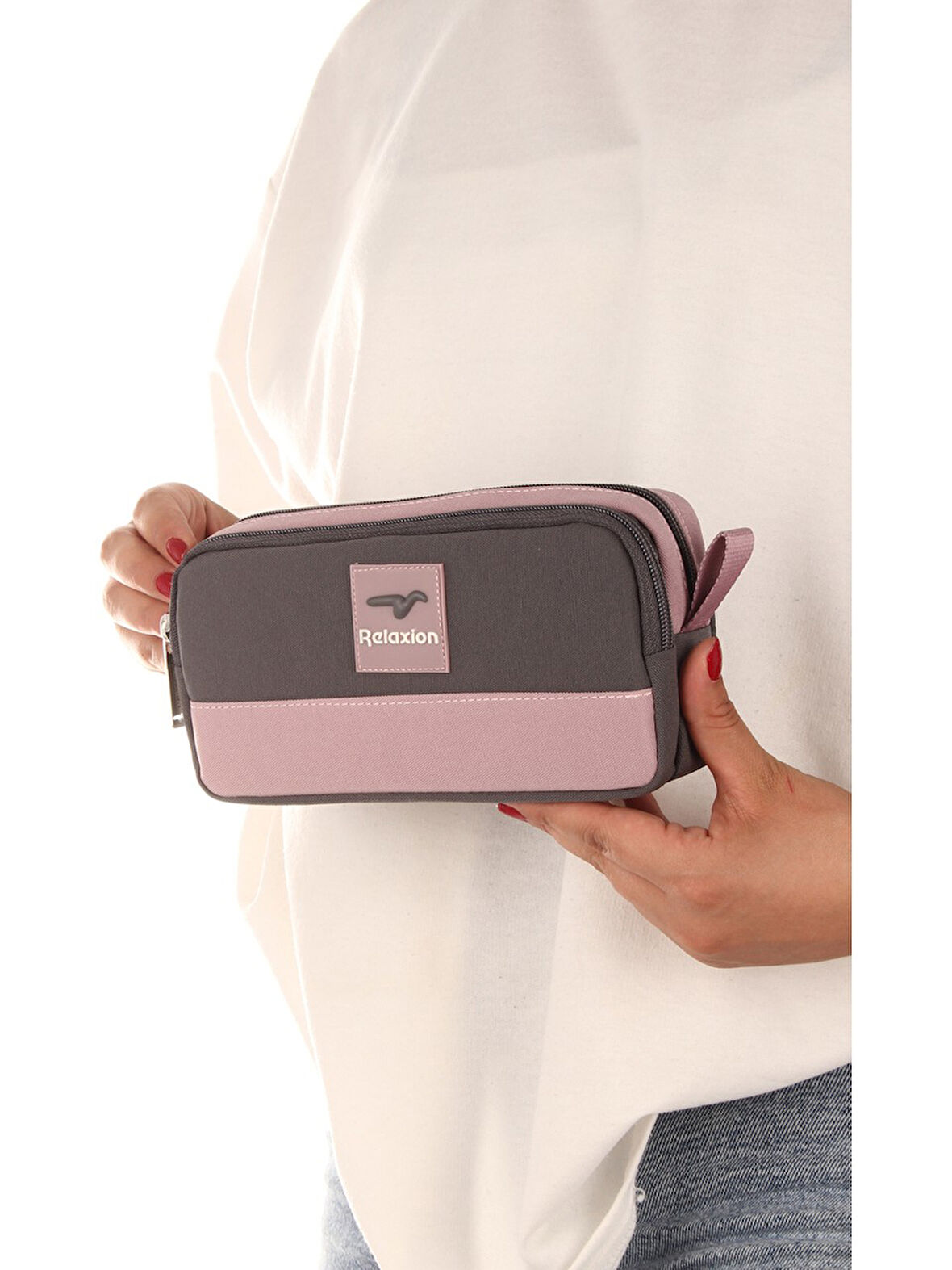 Relaxion Antrasit İki Gözlü Krinkıl Kumaş Kalem Çantası Kalemlik (173)