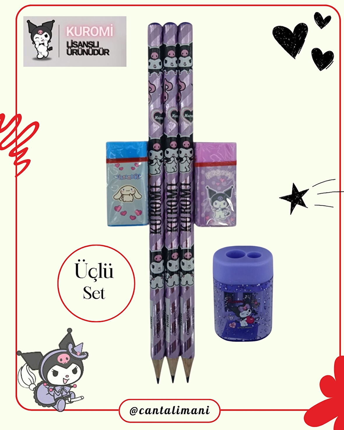 Kuromi Lisanslı Mor Kurşun Kalem Seti (3 Adet Kurşun Kalem, 2 Adet Silgi, Kalemtraş)