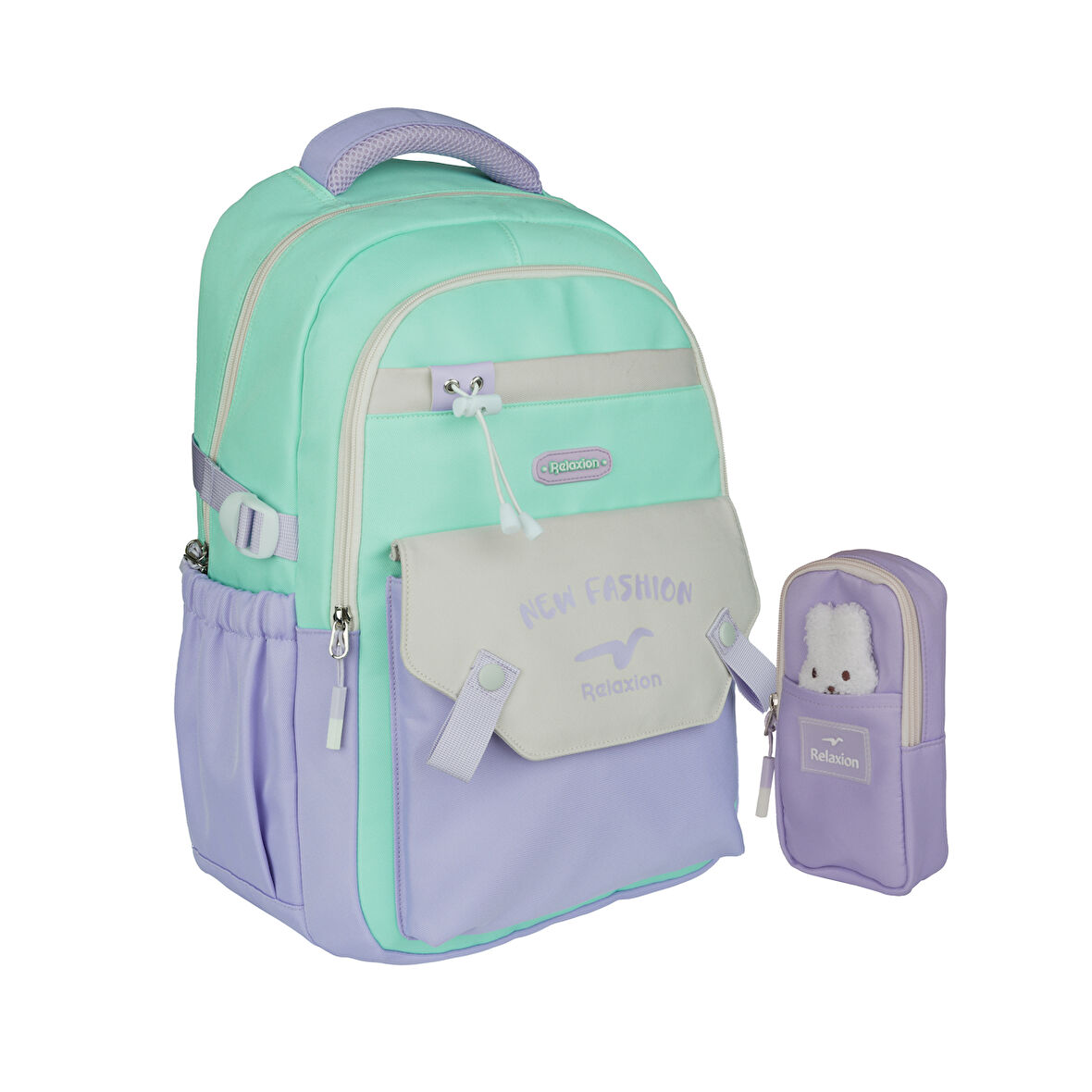 Relaxion Yeni Sezon Kalemlikli Yeşil-Mor Premium Klinkır Okul Sırt Çantası (1513)