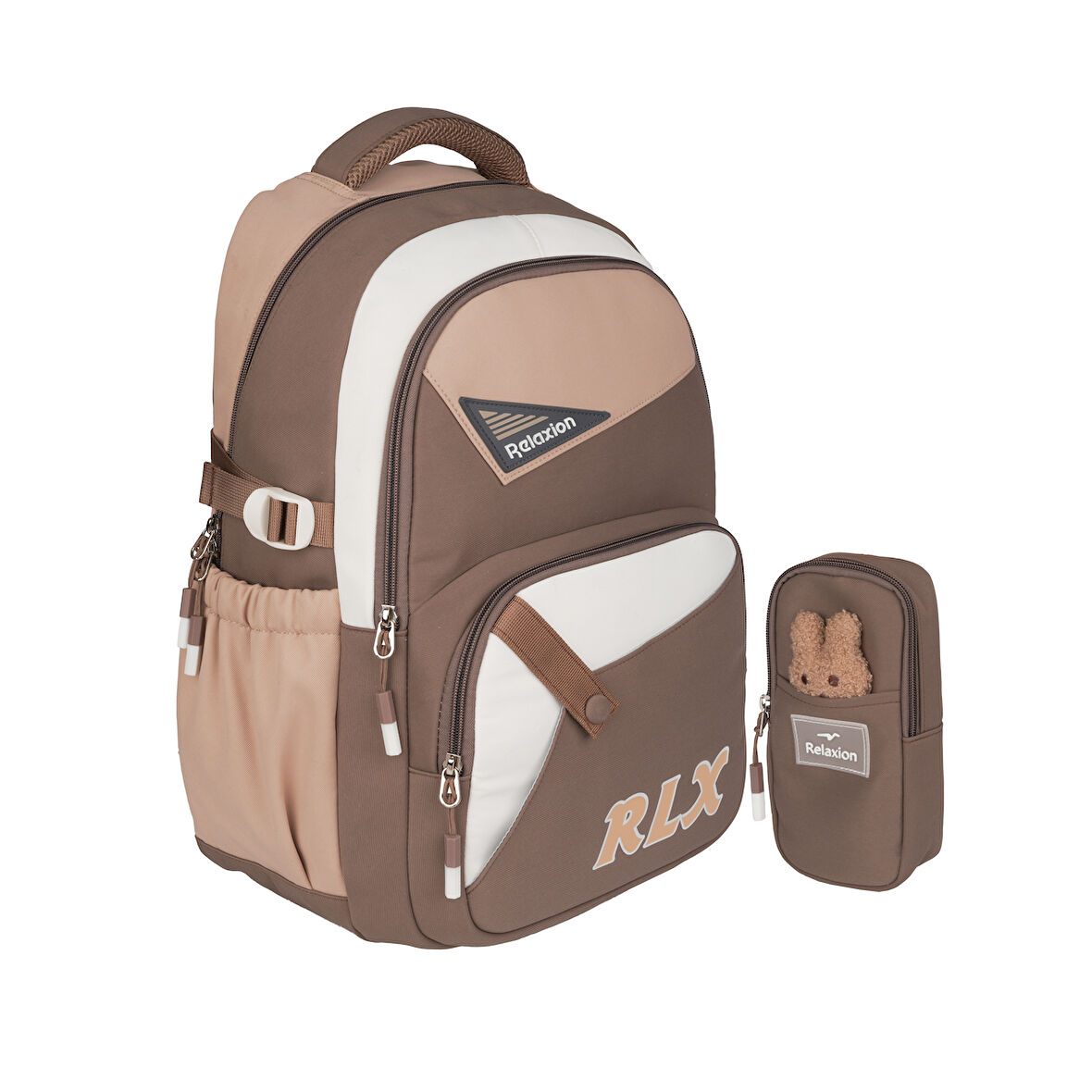 Relaxion Yeni Sezon Kalemlikli Kahverengi-Krem İthal Premium Okul Sırt Çanta 1510