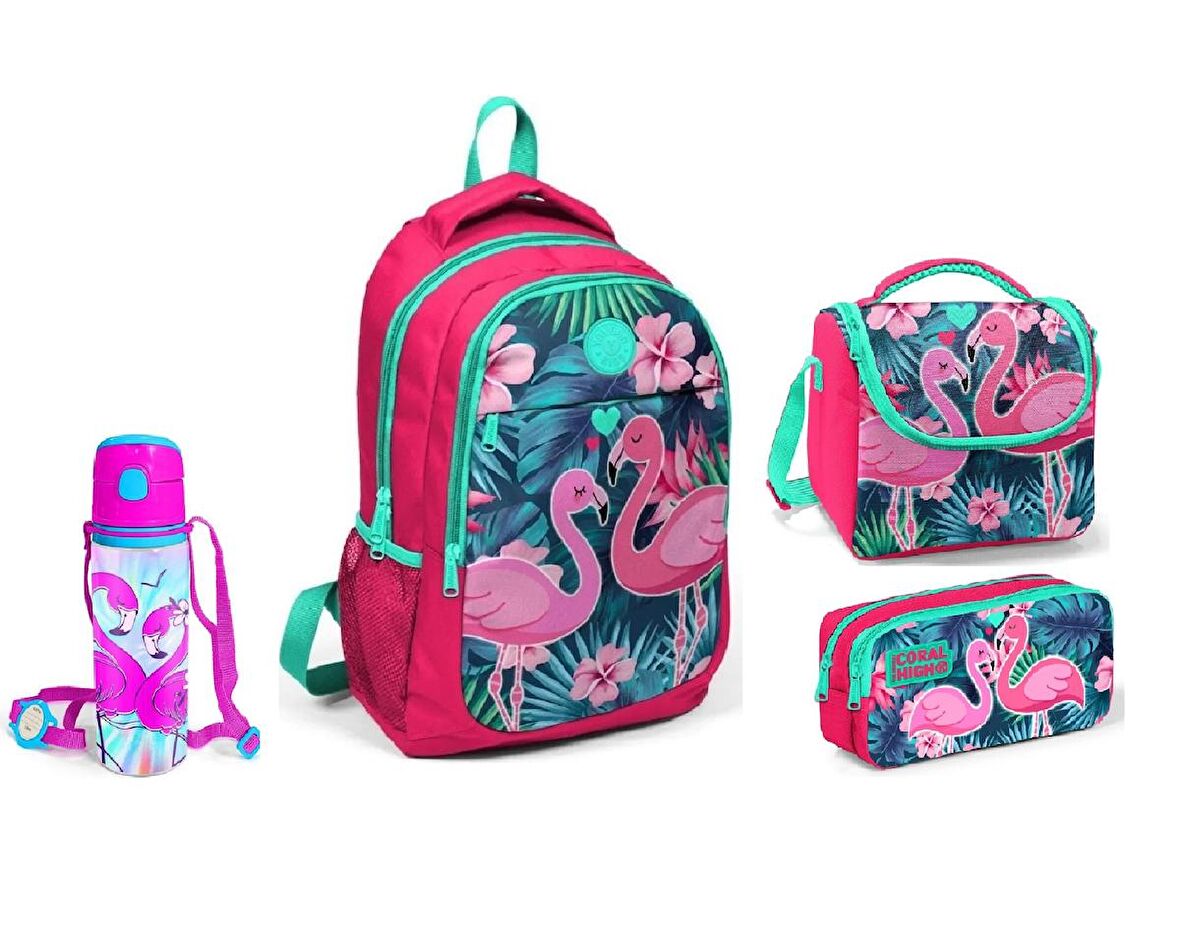 Coral High Flamingo Baskılı Beslenme Okul Çantası Kalemlik + Matara