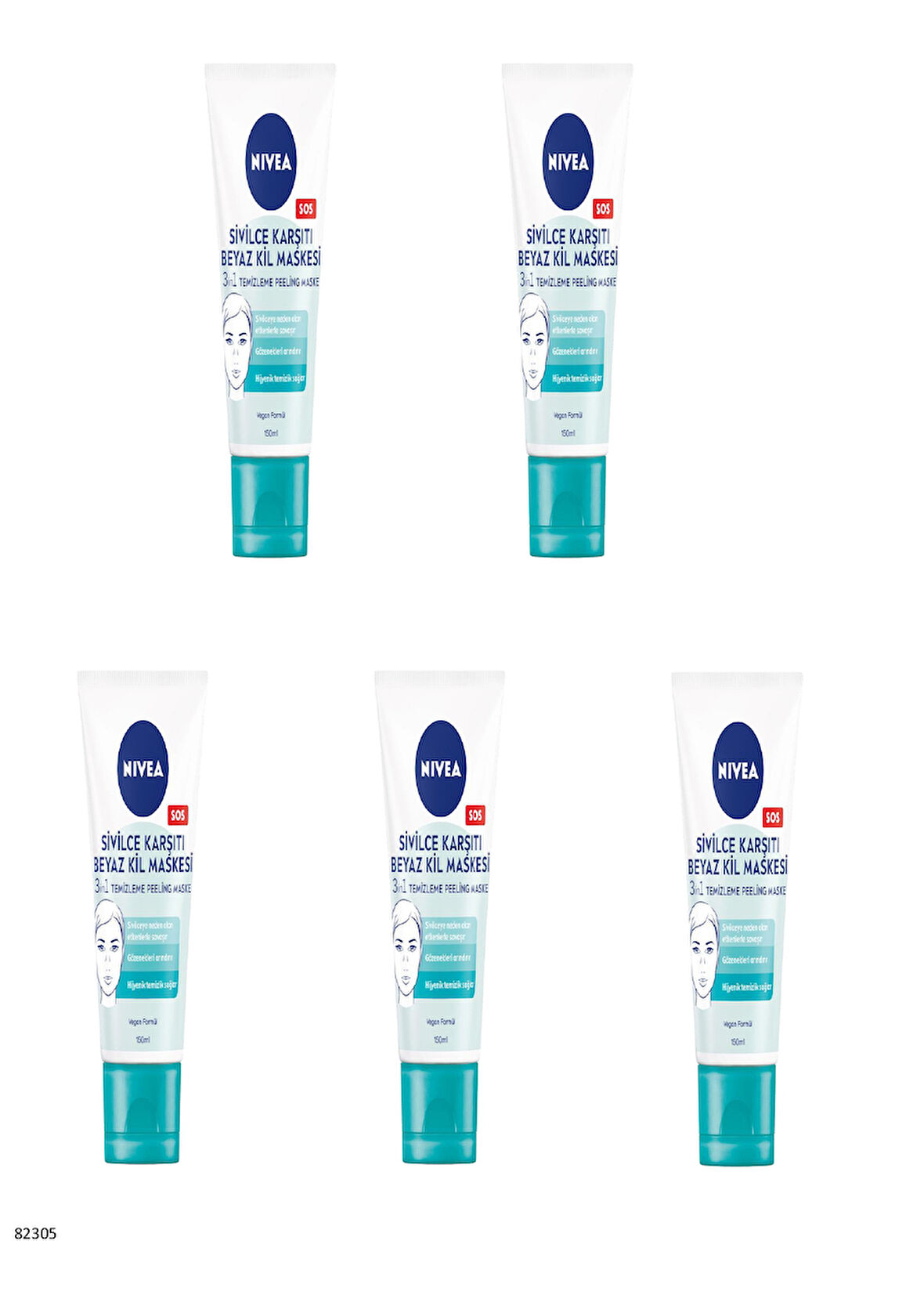 82305 NIVEA SİVİLCE KARŞITI 3'Ü 1 ARADA BEYAZ KİL MASKESİ  5 ADET