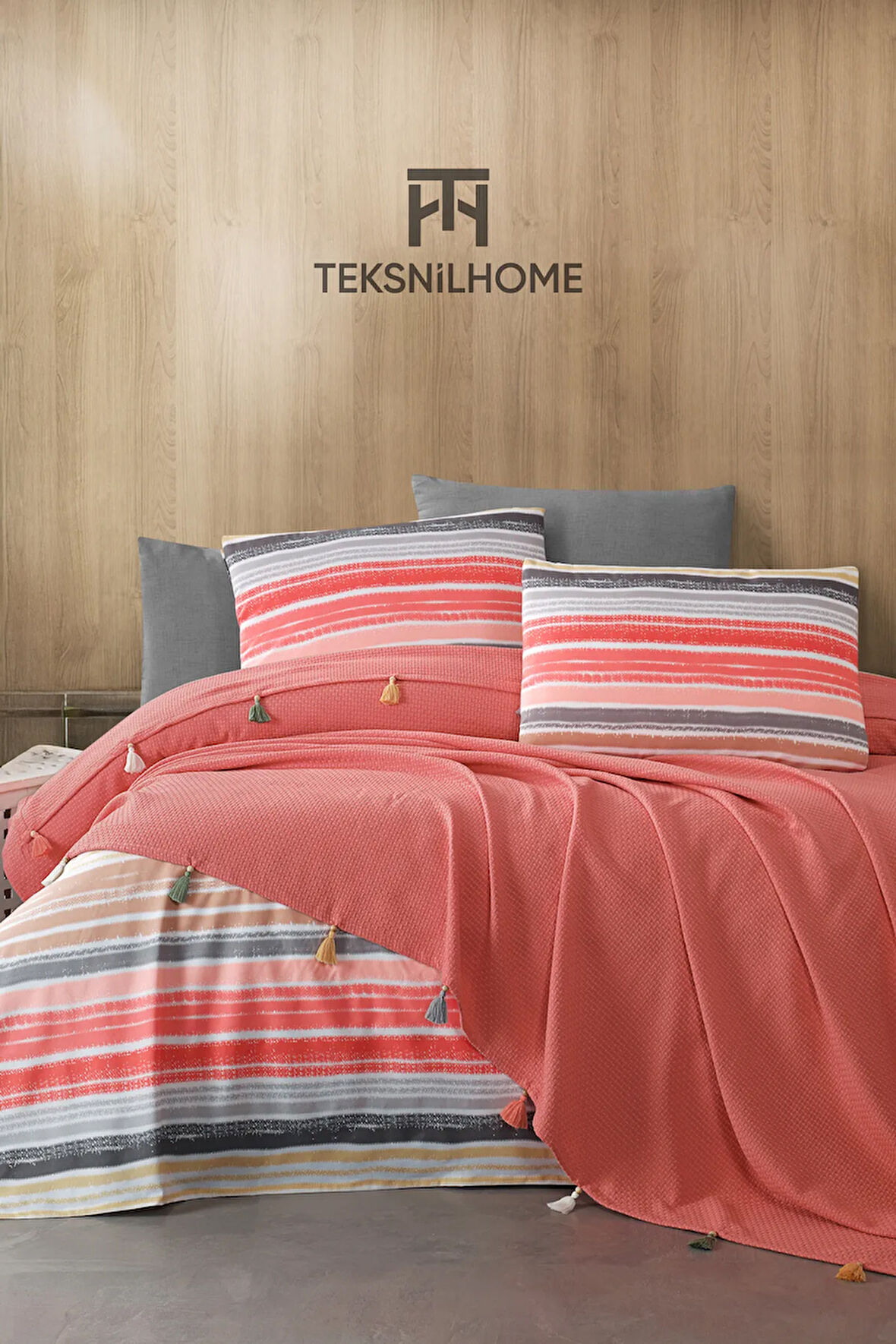 %100 Pamuklu Valeria Tassel Çift Kişilik Püsküllü Kiremit Pike Takımı(ÇARŞAF,PİKE,YASTIK KILIFI)