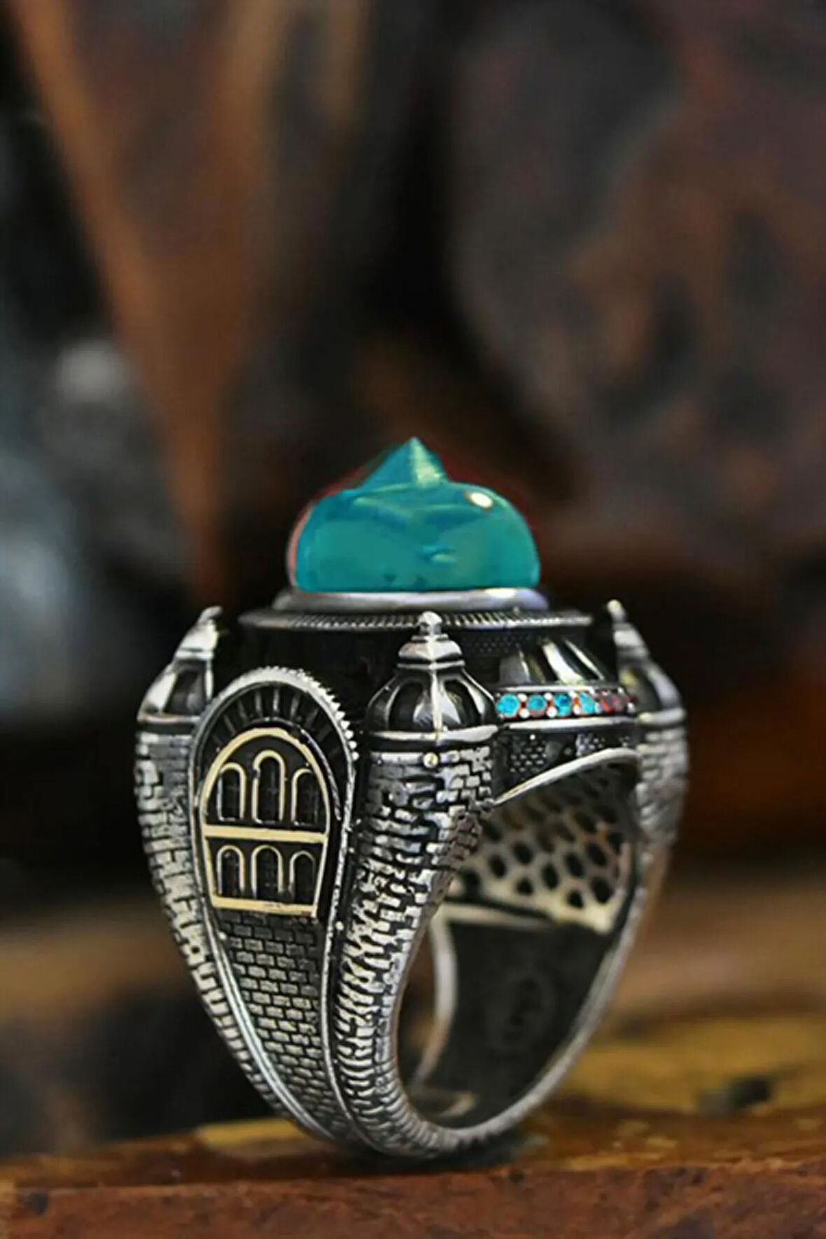 İslam Usta Tasarımı Mavi Al Kubbe Model Gümüş Erkek Yüzük