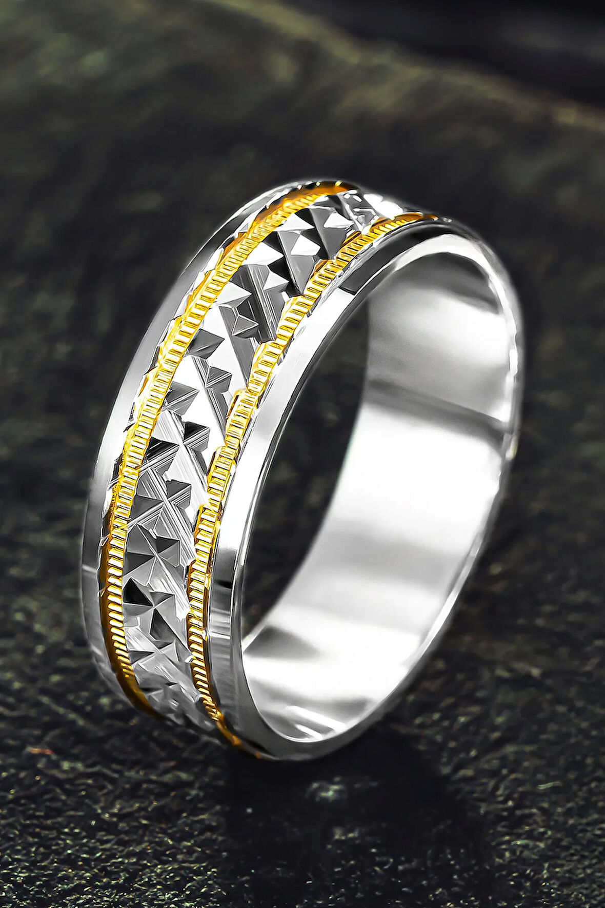 Kadın Gümüş Alyans - Ortası Zikzak Model Yanı Altın Kaplama Şerit Kadın Yüzük